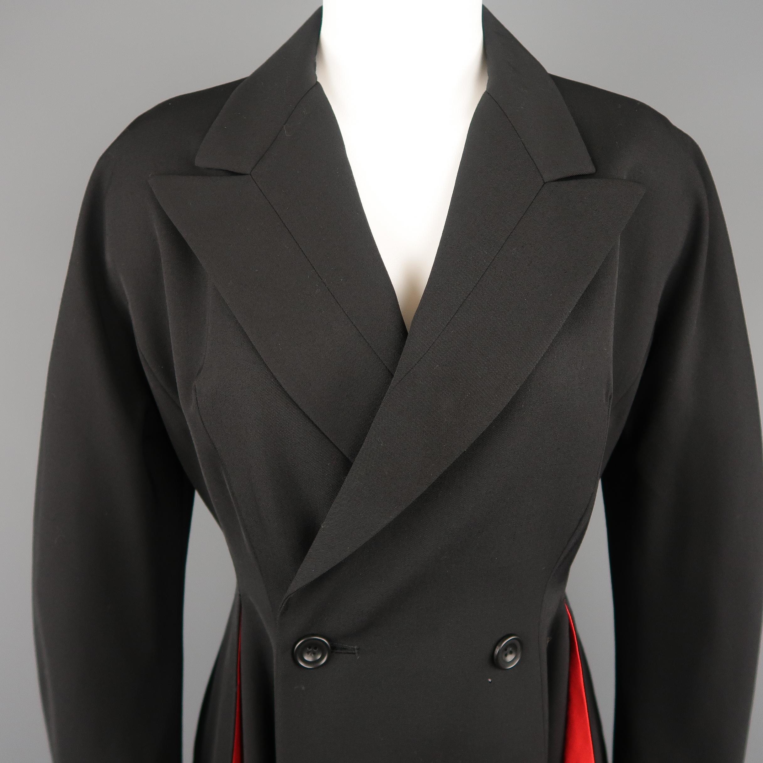 Vintage YOHJI YAMAMOTO blazer comes in black wool twill with a peak lapel, double breasted front, and double slit, red lined ruffle hem. Made in Japan.
 
Excellent Vintage Pre-Owned Condition.
Marked: S
 
Measurements:
 
Shoulder: 17 in.
Bust: 36