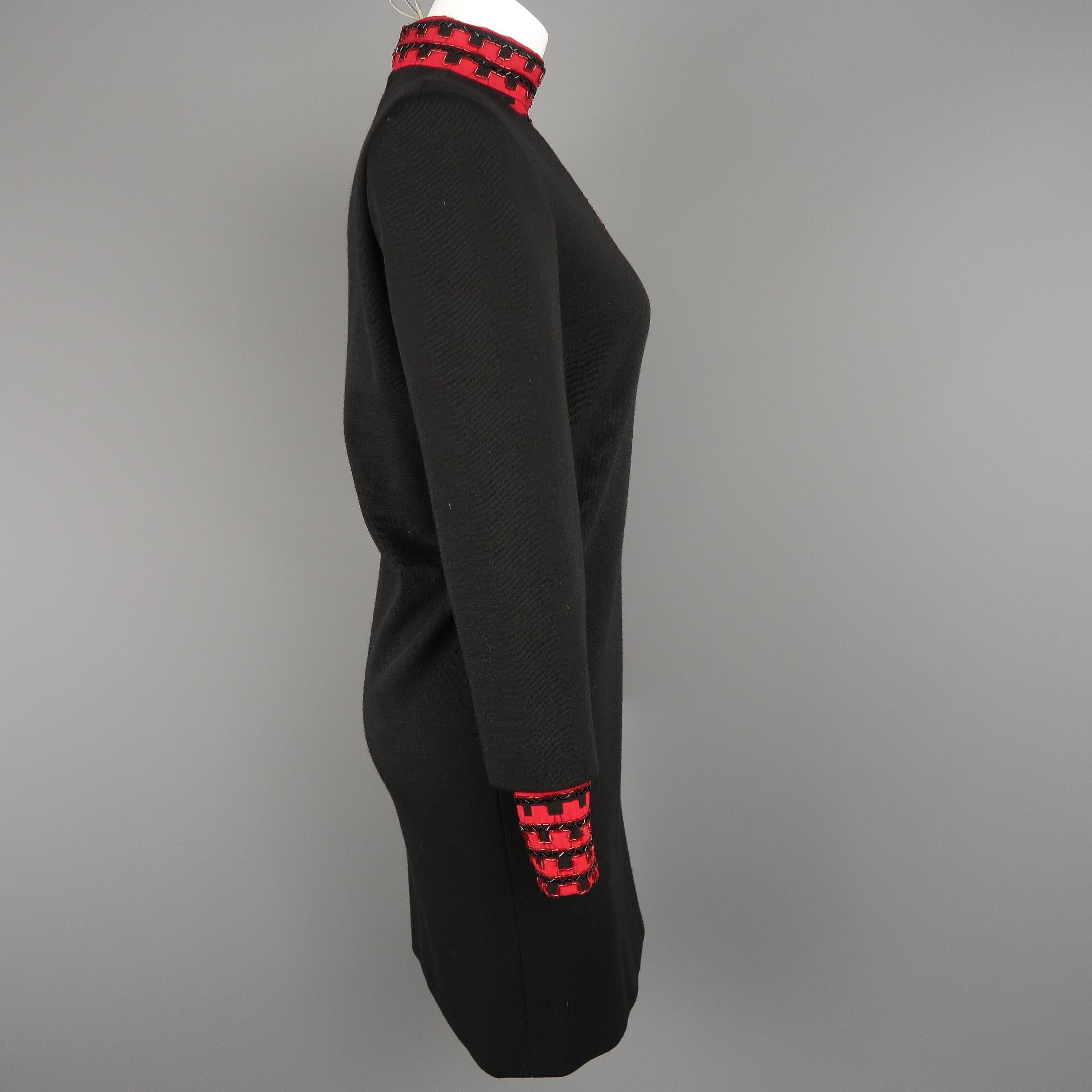 Vintage 1980's BOB MACKIE Size L Black Jersey Red Beaded Neck Dress 1
