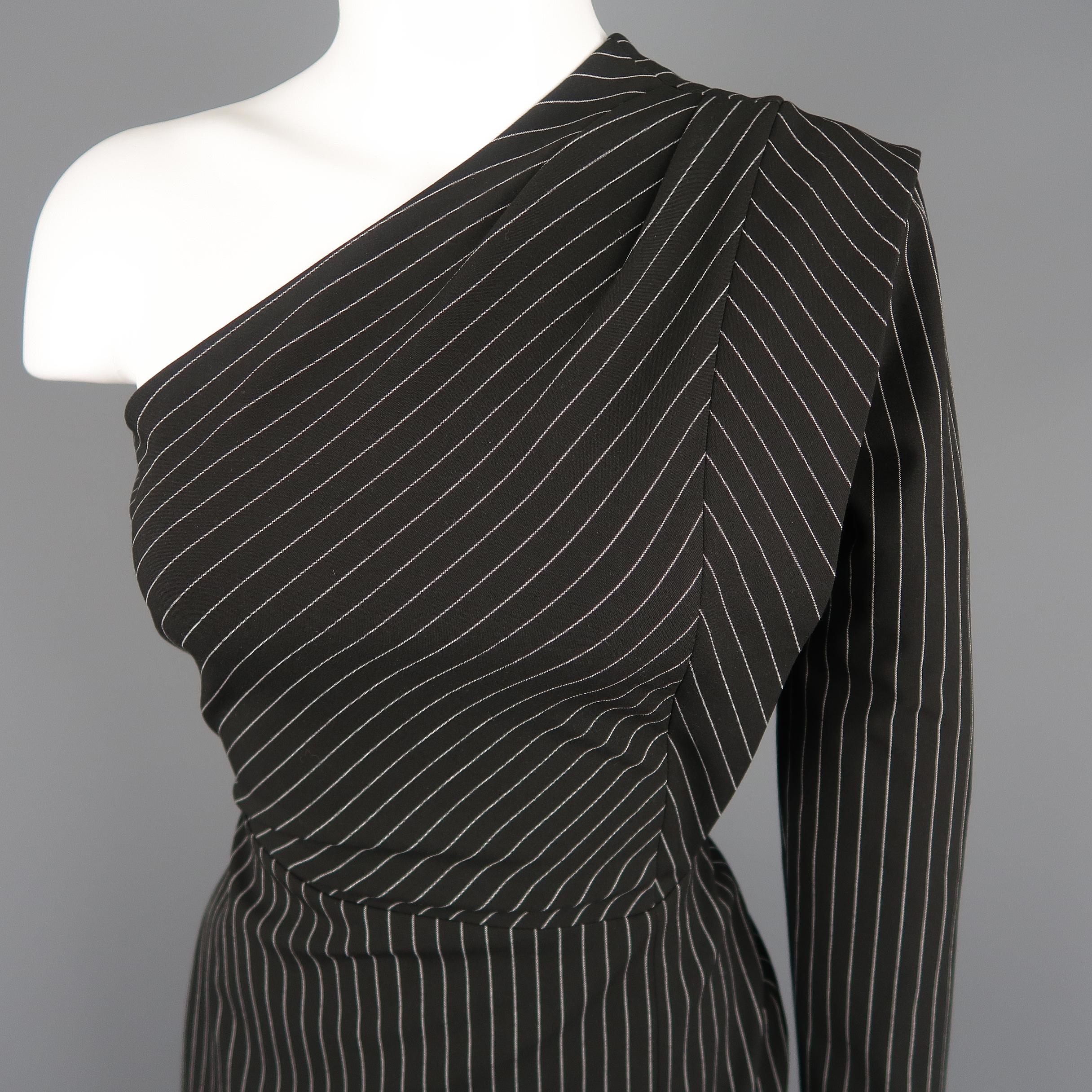 MICHELLE MASON dress comes in pinstripe fabric with sone shoulder neckline, pleated shoulder, single sleeve with overlay,and mini skirt with asymmetrical hem. Made in USA.
 
New with Tags.
Marked: 0
 
Measurements:
 
Bust: 34 in.
Waist: 24 in.
Hip: