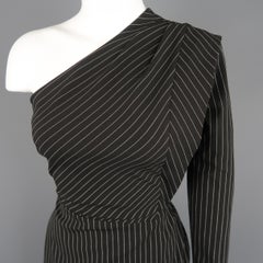 MICHELLE MASON Size 0 Black Pinstripe One Shoulder Asymmetrical Mini Dress