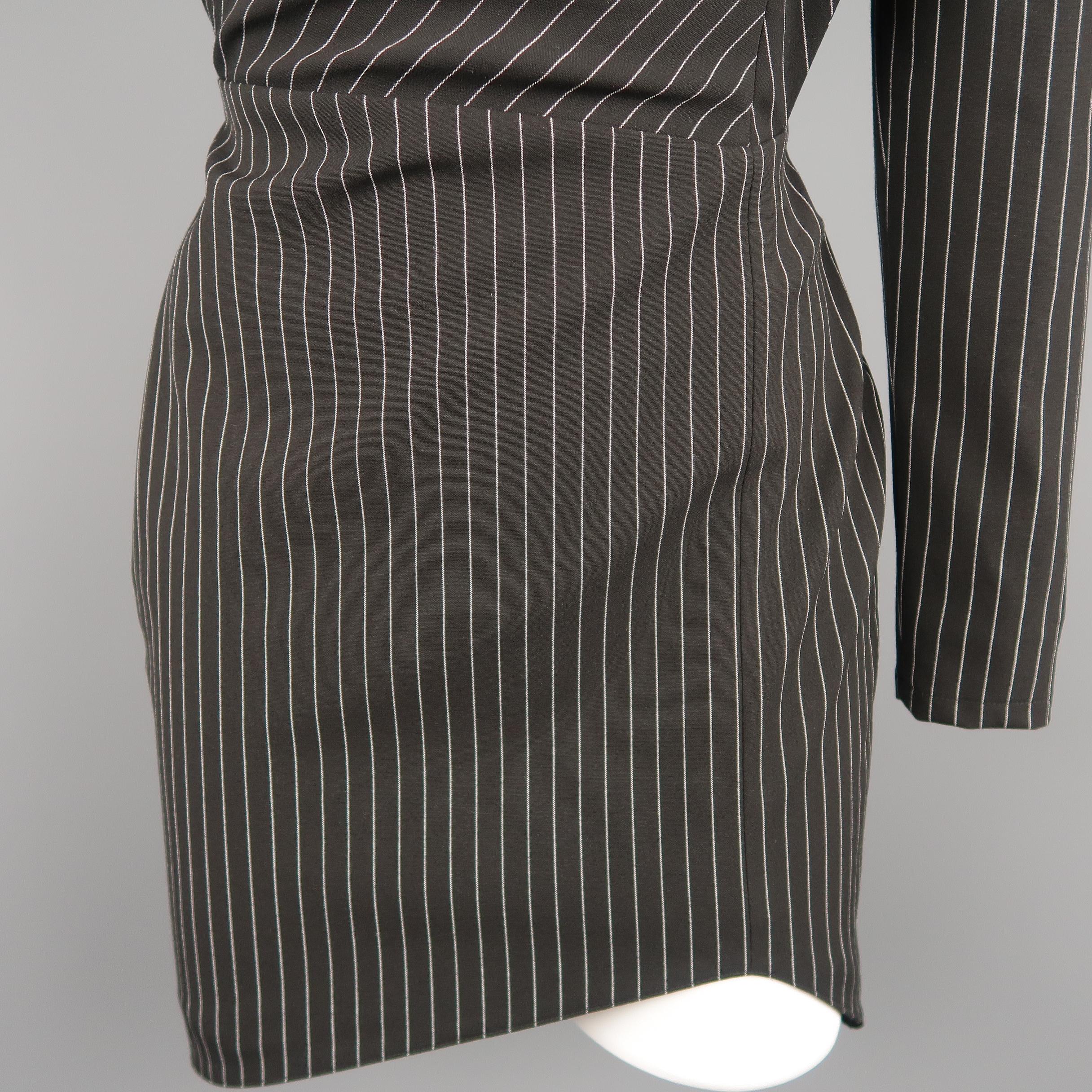 Women's MICHELLE MASON Size 0 Black Pinstripe One Shoulder Asymmetrical Mini Dress