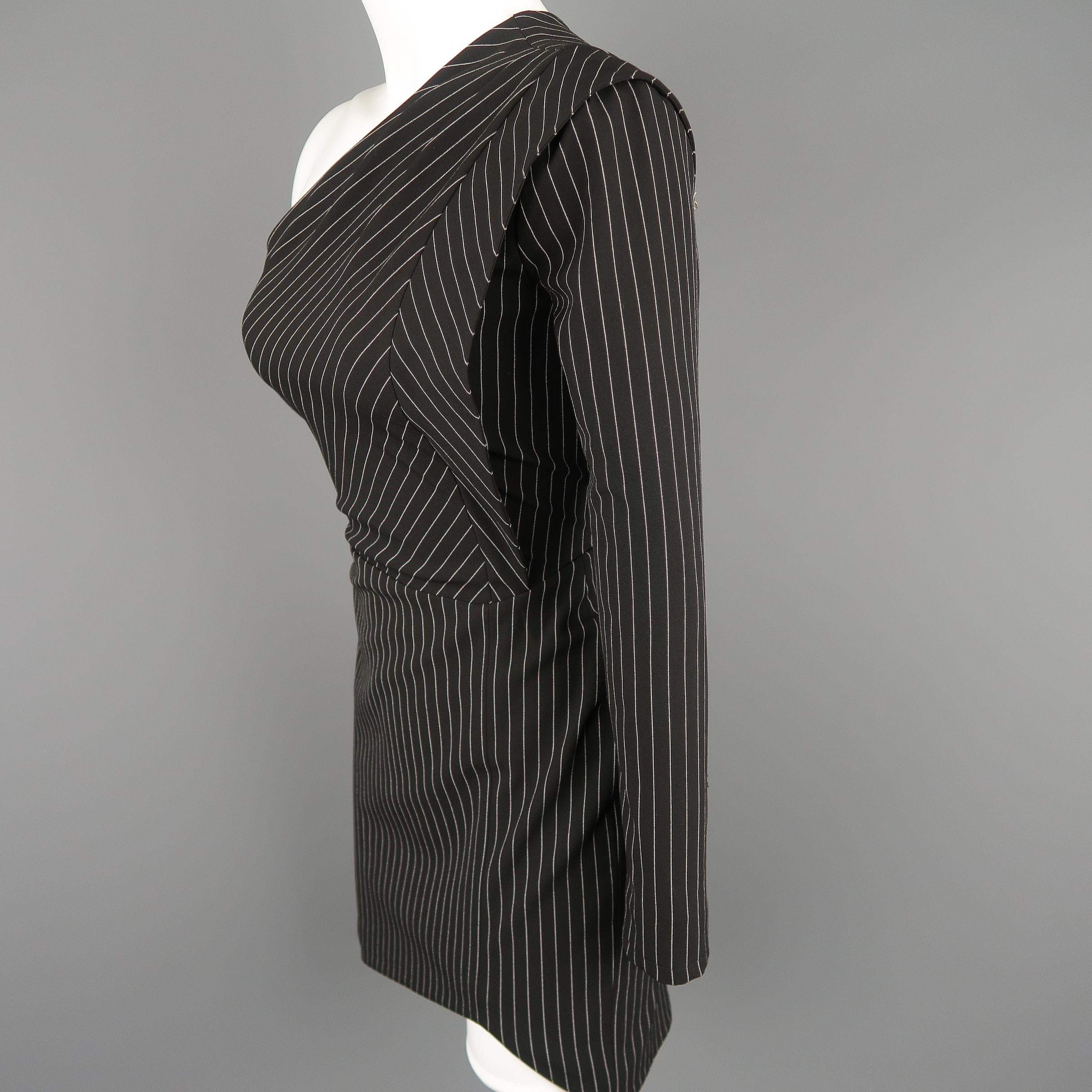 MICHELLE MASON Size 0 Black Pinstripe One Shoulder Asymmetrical Mini Dress 1