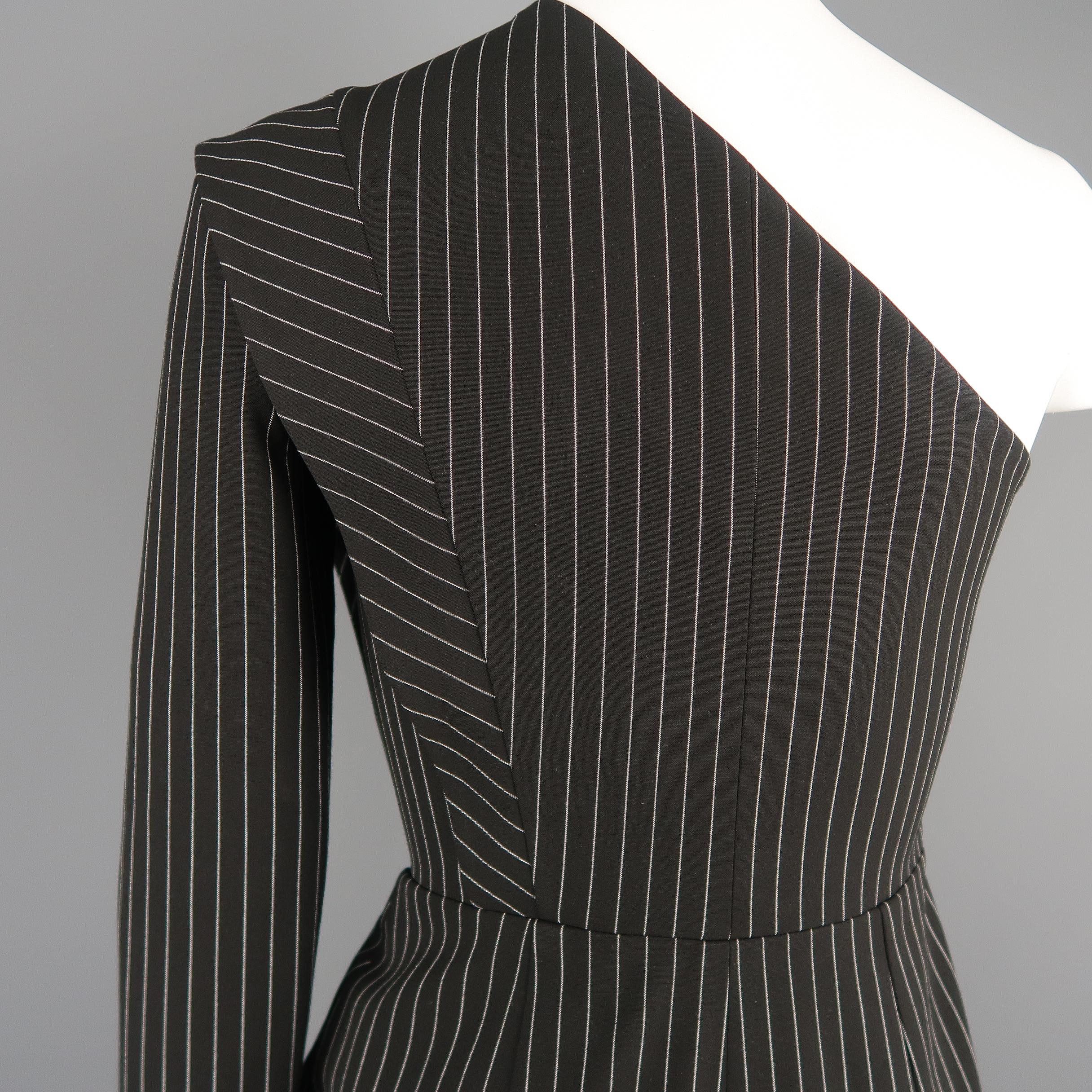 MICHELLE MASON Size 0 Black Pinstripe One Shoulder Asymmetrical Mini Dress 4