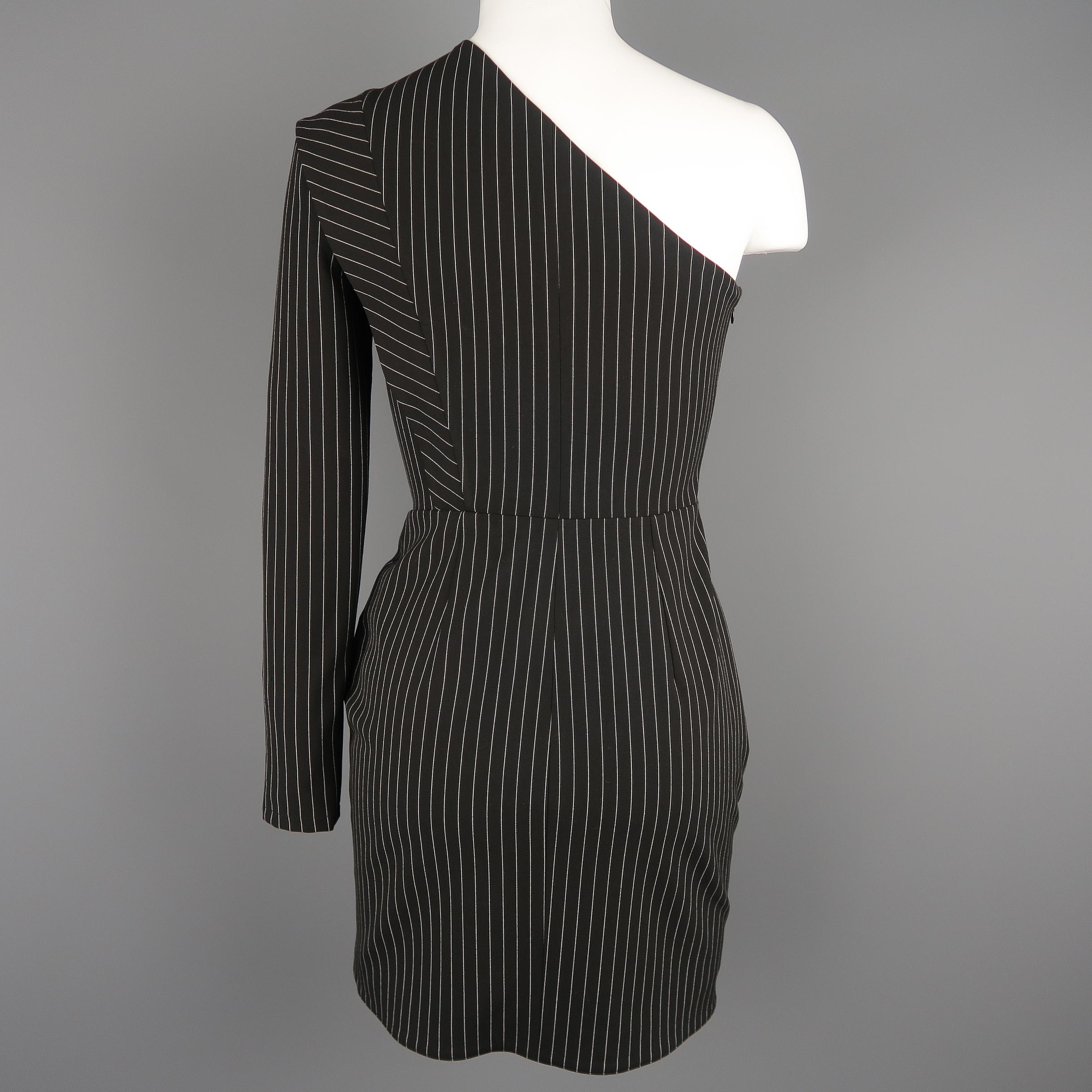 MICHELLE MASON Size 0 Black Pinstripe One Shoulder Asymmetrical Mini Dress 3