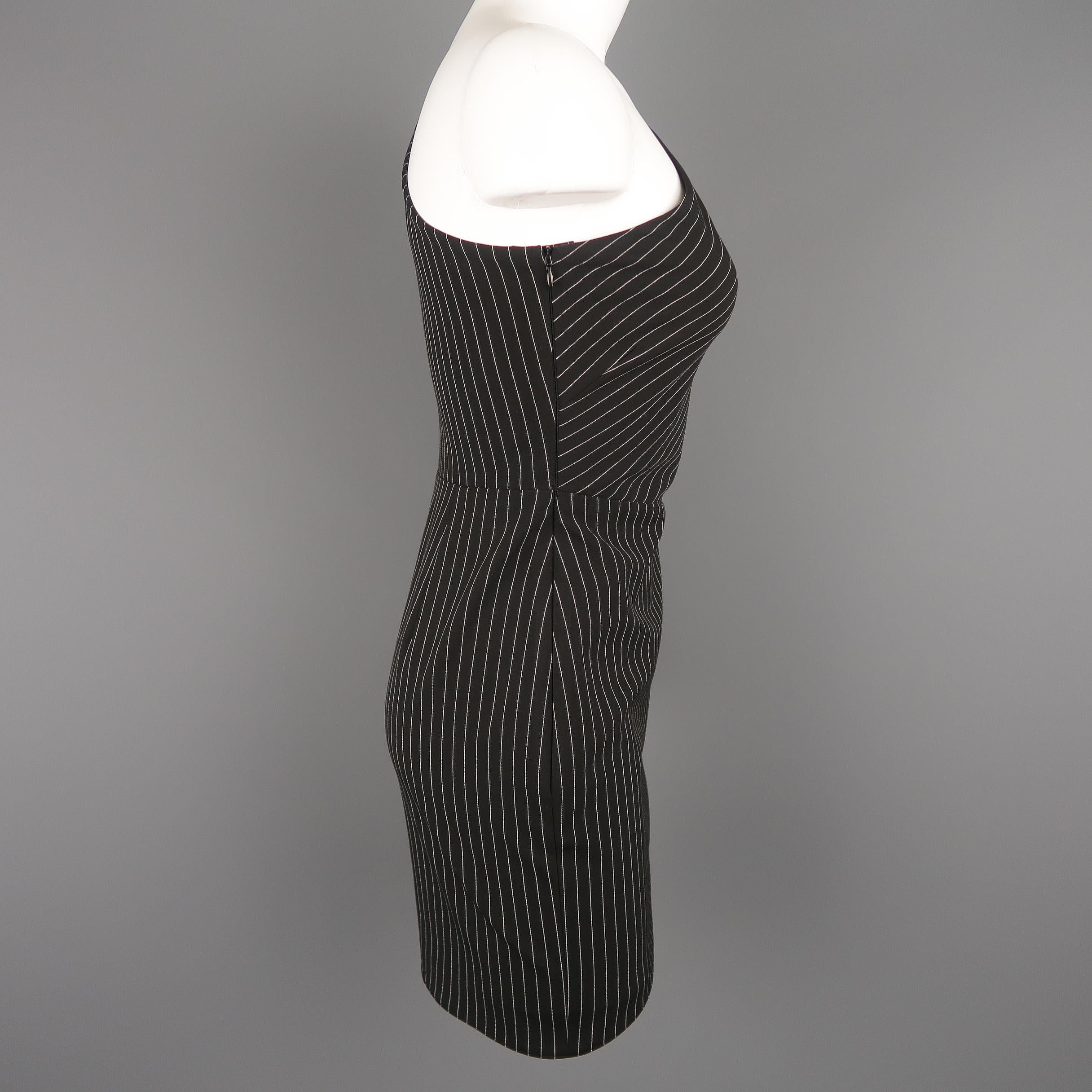 MICHELLE MASON Size 0 Black Pinstripe One Shoulder Asymmetrical Mini Dress 2