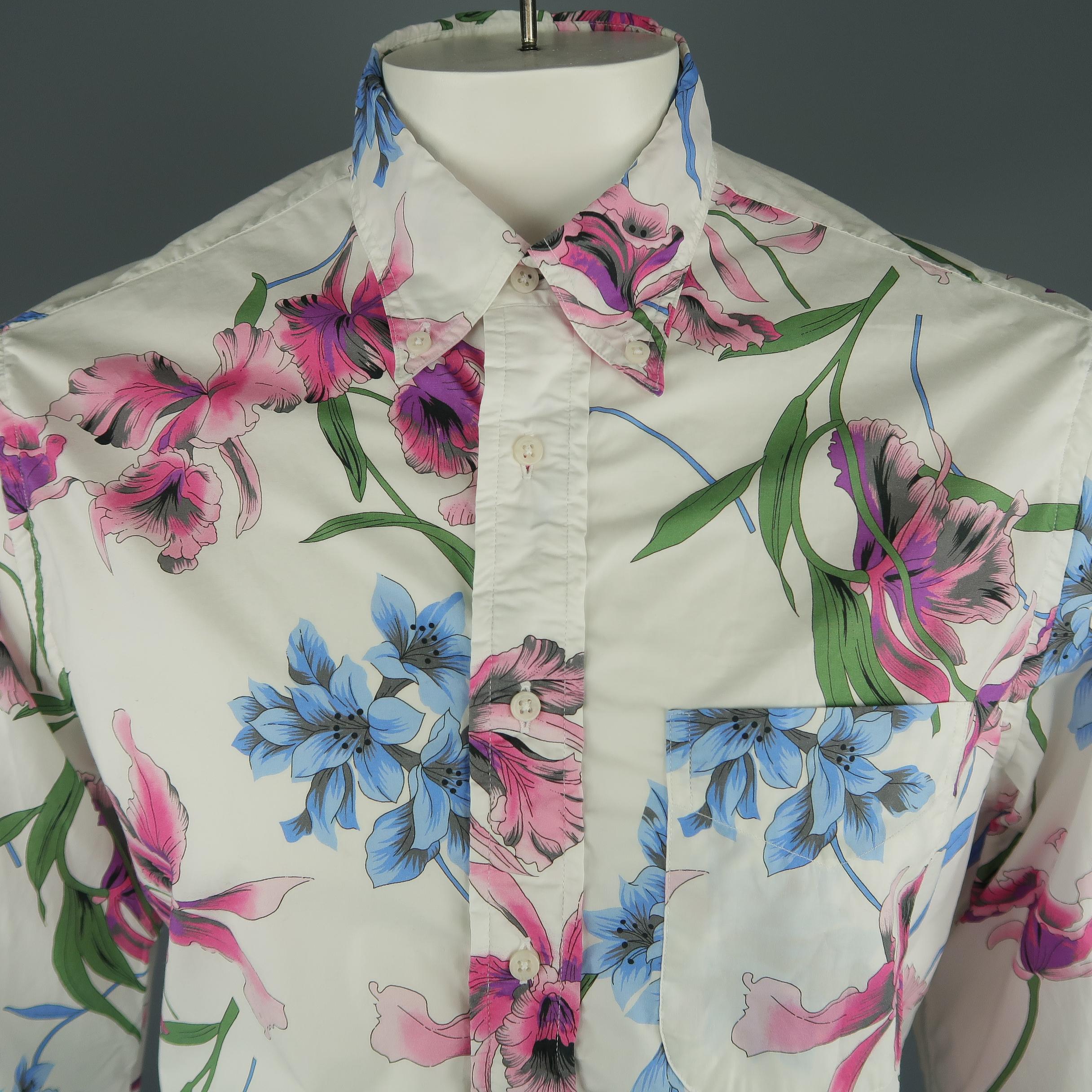 GITMAN VINTAGE long sleeve shirt come in white cotton with a floral print, front pocket and button down. Made in USA.
 
New with Tags.
Marked: L
 
Measurements:
 
Shoulder: 18 in.
Chest: 48 in.
Sleeve: 27.5 in.
Length: 33 in.
