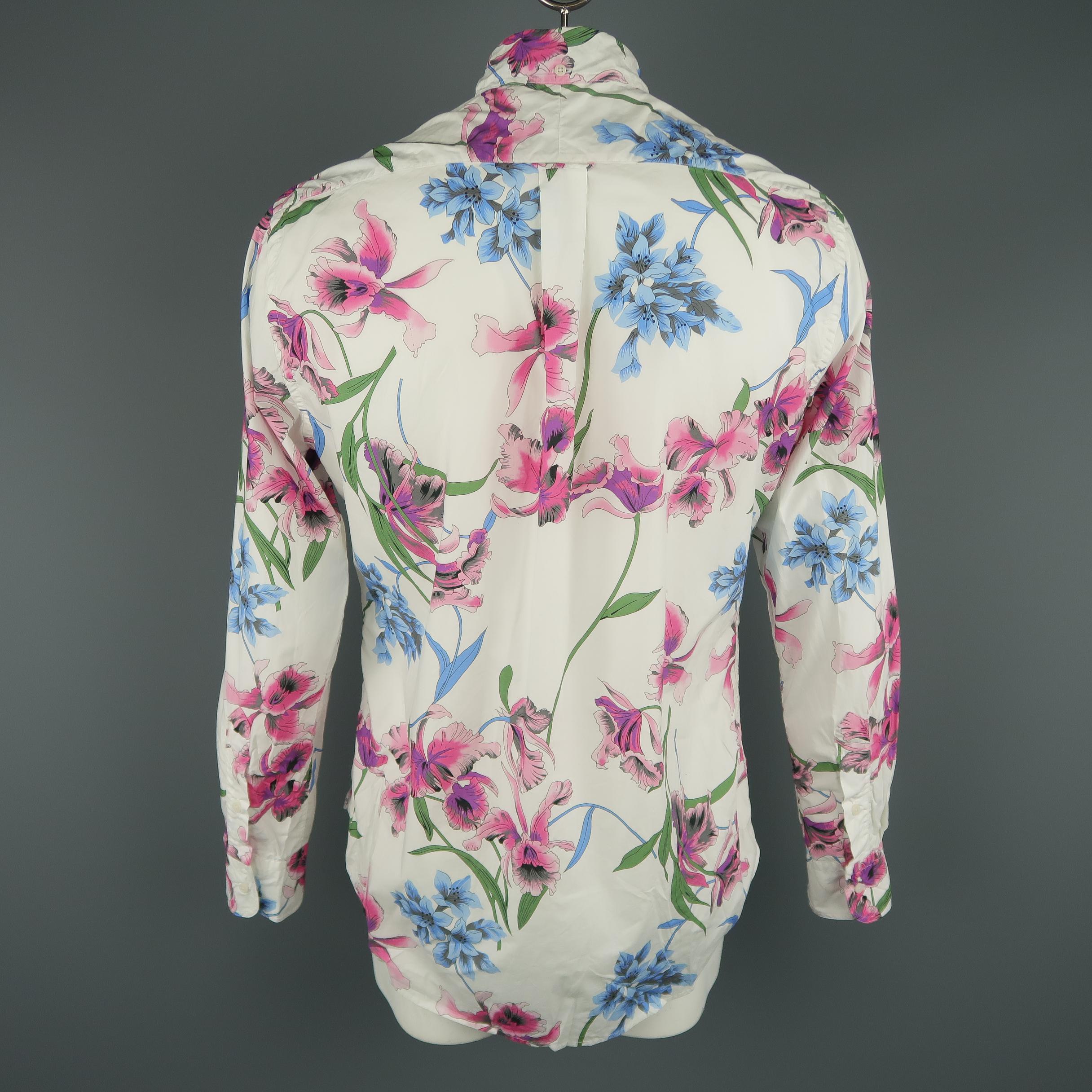 GITMAN VINTAGE Size L White Floral Cotton Long Sleeve Shirt In New Condition In San Francisco, CA