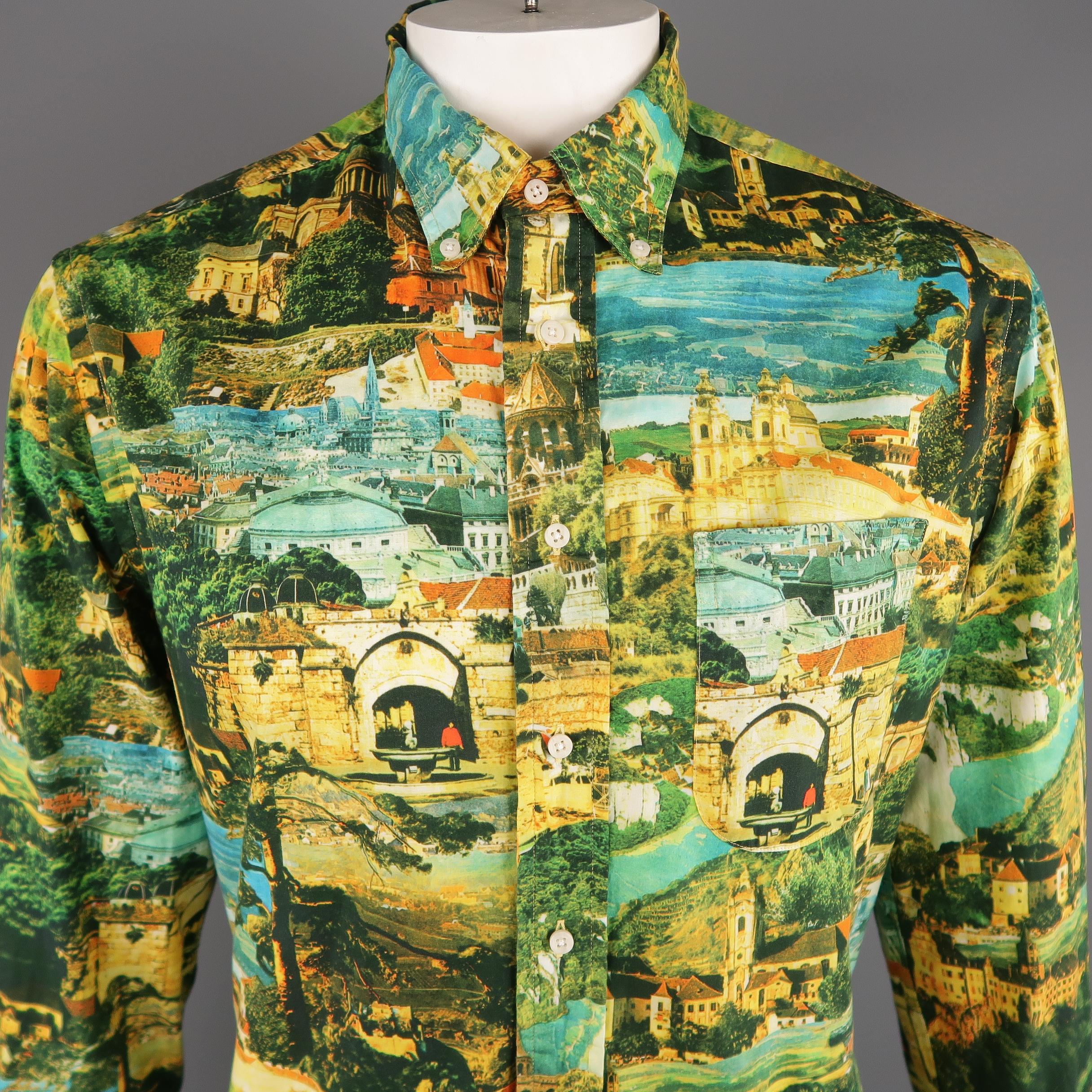GITMAN VINTAGE long sleeve shirt come in multi-color cotton with a postcard print, front pocket and button down. Made in USA.
 
Excellent Pre-Owned Condition.
Marked: L
 
Measurements:
 
Shoulder: 19 in.
Chest: 50 in.
Sleeve: 26 in.
Length: 32 in.