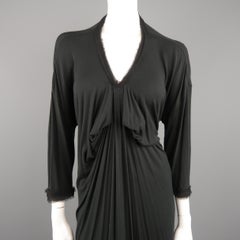 LANVIN Size XXL Charcoal Draped Jersey Silk Chiffon Trimmed Dress