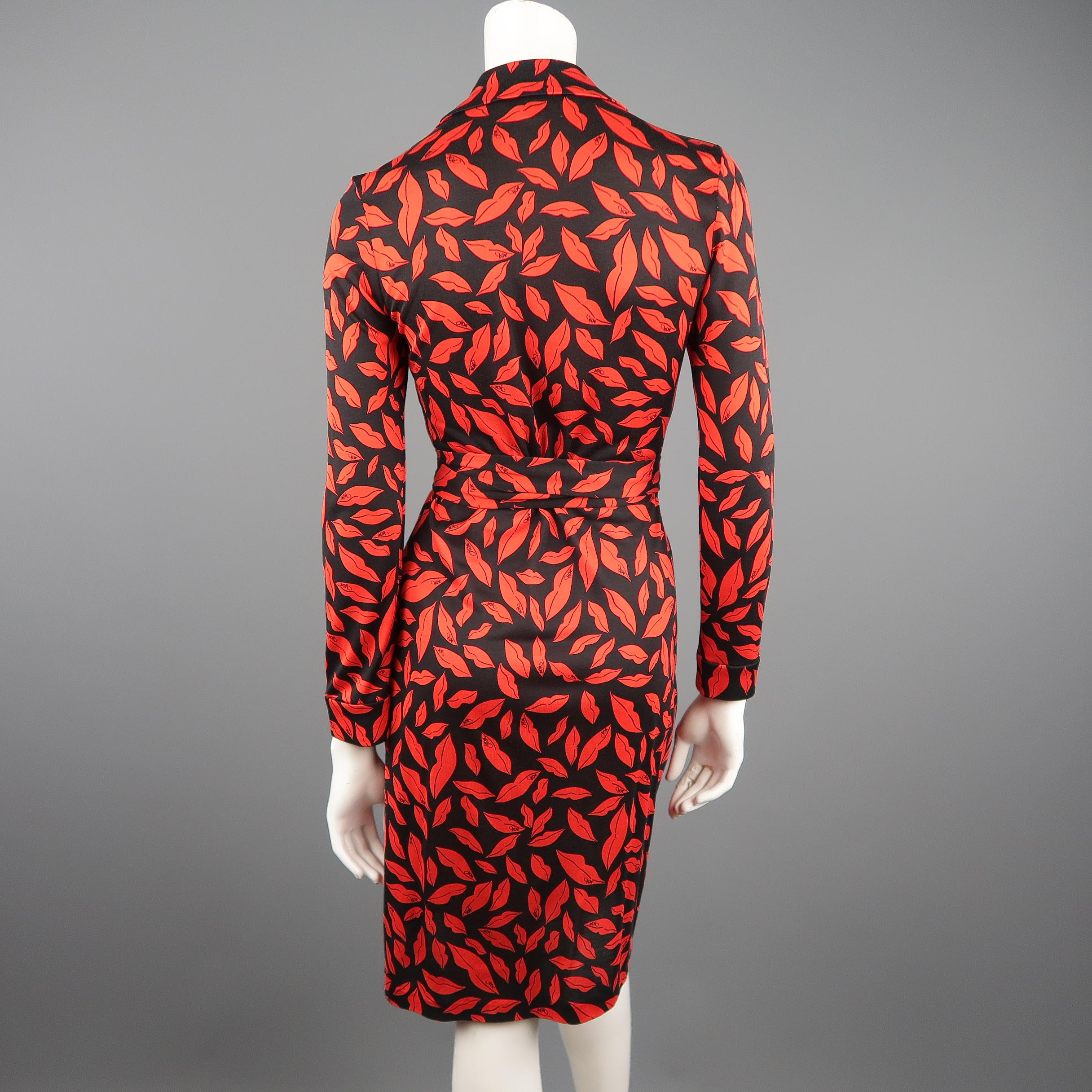 DIANE VON FURSTENBERG Size 6 Black & Red Lip Print Silk Wrap Dress In Good Condition In San Francisco, CA