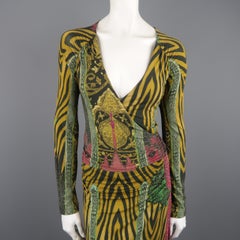 ETRO Size 8 Gold Green & Fuchsia Mixed Print Jersey Long Sleeve Wrap Dress