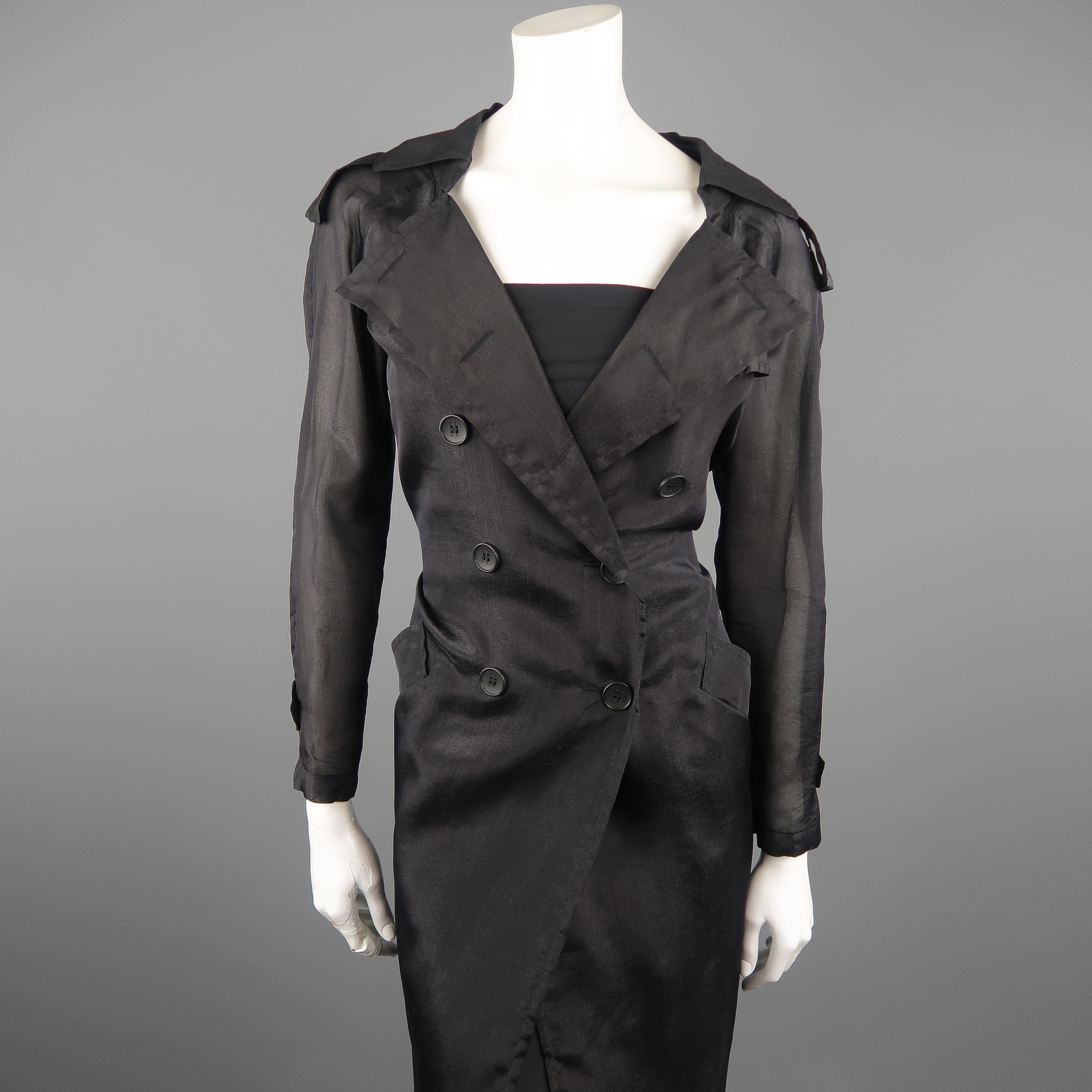 MAX MARA trench coat comes in metallic sheer black silk blend organza with a double breasted button up front, slanted pockets, pointed collar, epaulets, cropped sleeves, and stretch tube dress undergarment. Made in Italy.
 
Very Good Pre-Owned