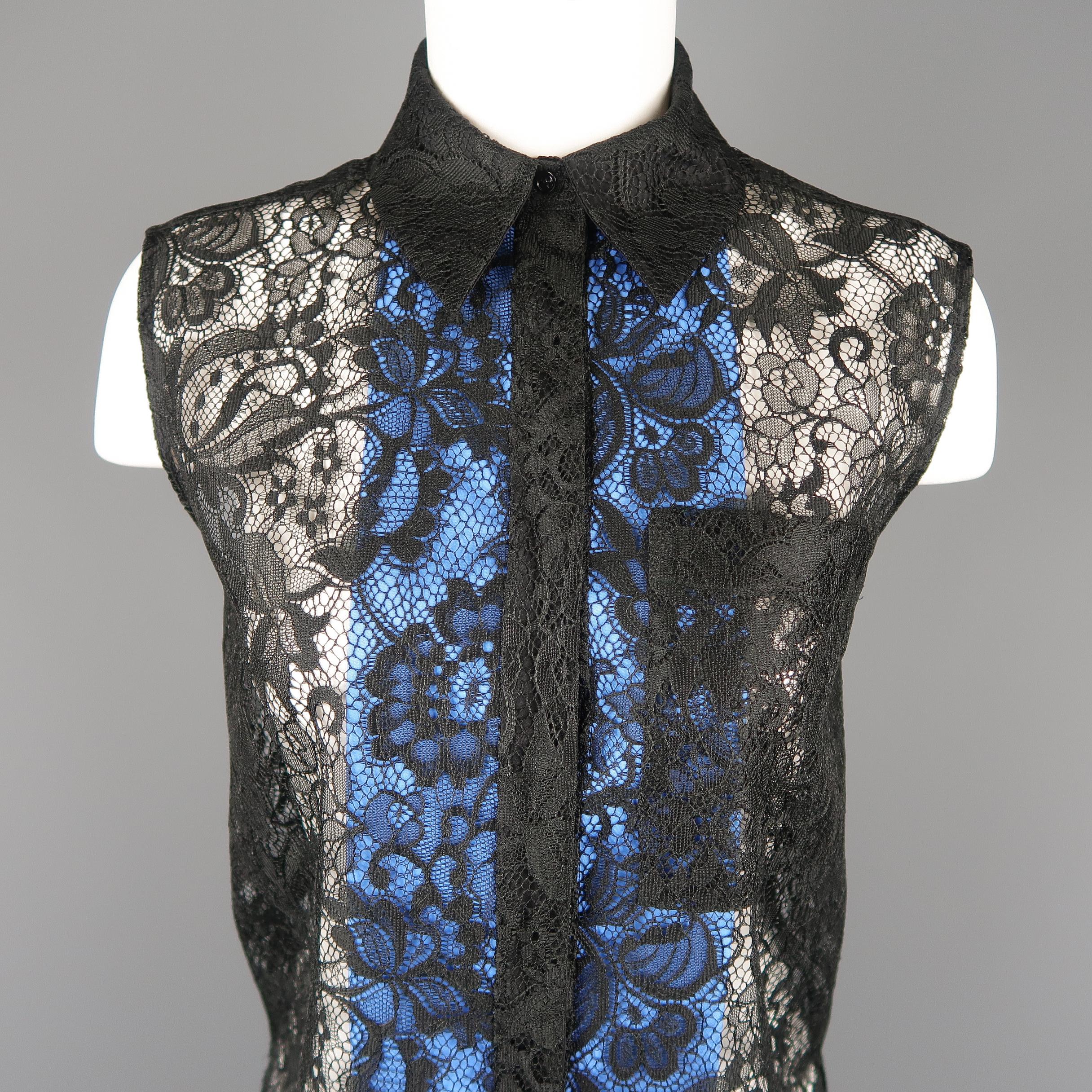 BALENCIAGA spring 2011 sleeveless blouse comes in black lace with a pointed collar, hidden placket button up front, patch breast pocket, and curved front hem with light blue twill lining panels. Made in Italy.
 
Excellent Pre-Owned