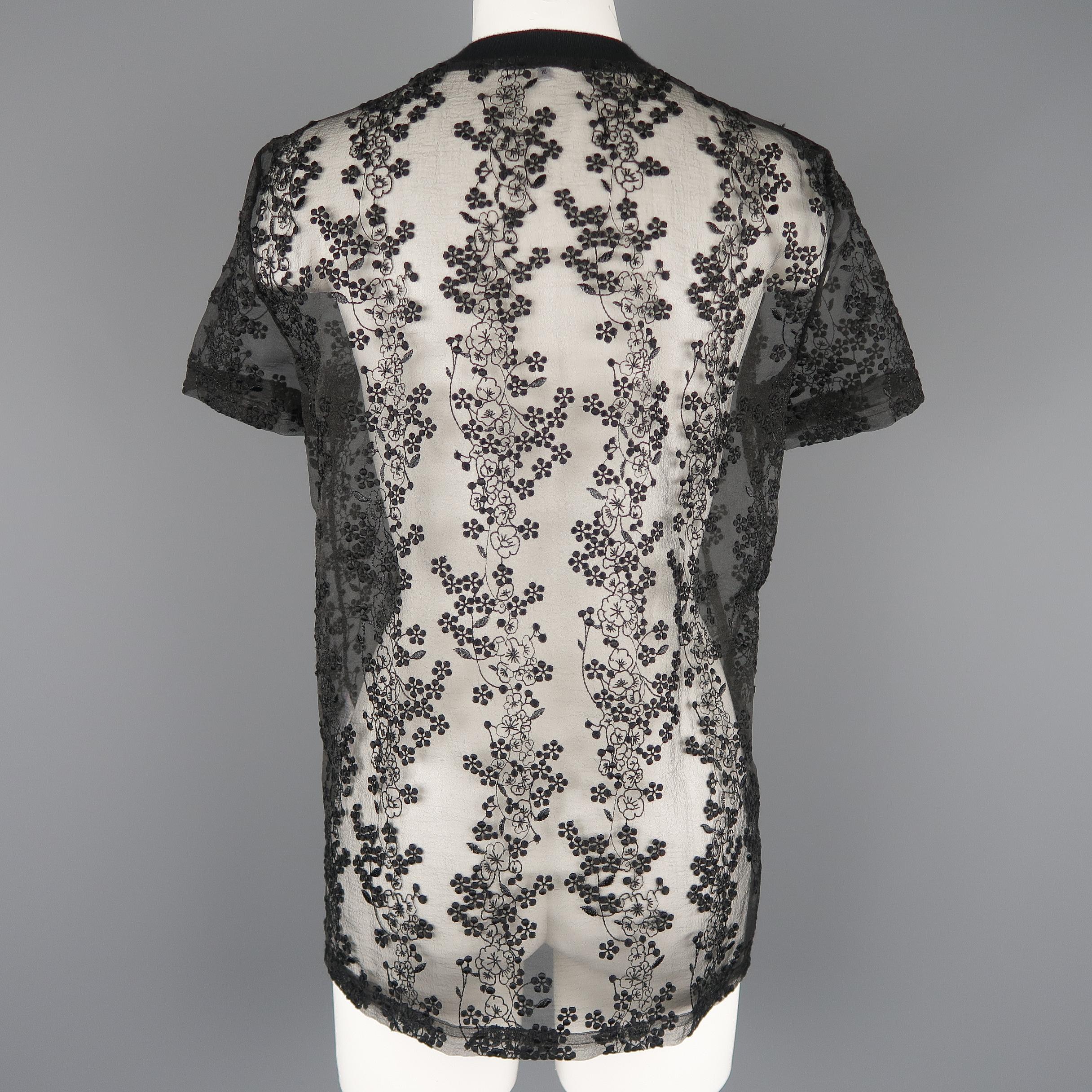 Women's CARVEN Size 2 Black Floral Lace Embroidered Organza T-Shirt Tee Blouse