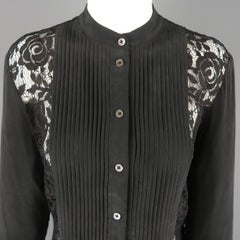 EQUIPMENT Size M Black Lace & Silk Pleated Bib Band Collar Blouse Shirt
