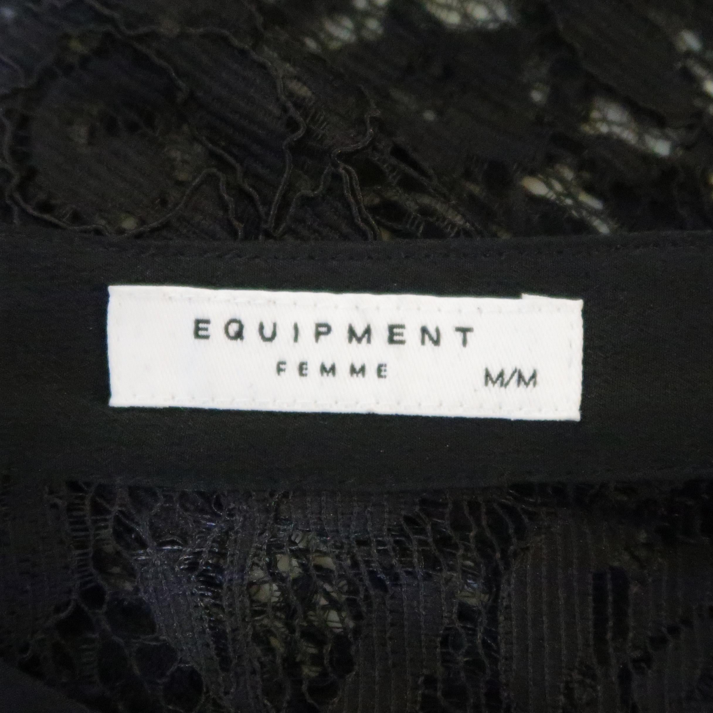 EQUIPMENT Femme Size XS Black Silk & Lace Pleated Bib Band Collar Blouse Shirt 1