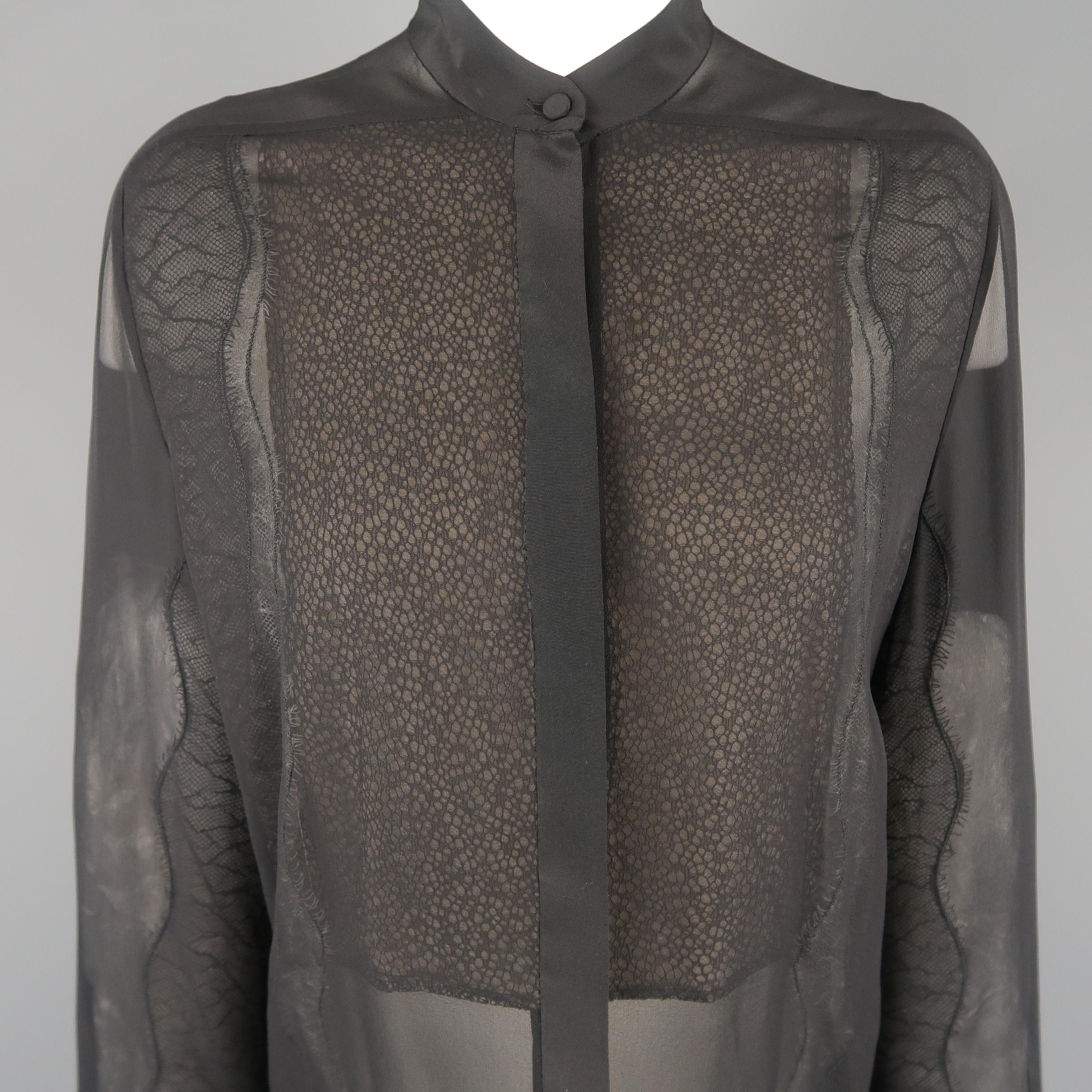 3.1 PILLIP LIM blouse come sin black silk chiffon with a band collar, hidden placket button front, and lace panels.
 
Excellent Pre-Owned Condition.
Marked: (no size)
 
Measurements:
 
Shoulder: 14 in.
Bust: 20 in.
Sleeve: 25 in.
Length: 29 in.