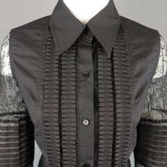 VERA WANG Size 6 Black Cotton & Lace Ruffled Front Tuxedo Shirt Blouse
