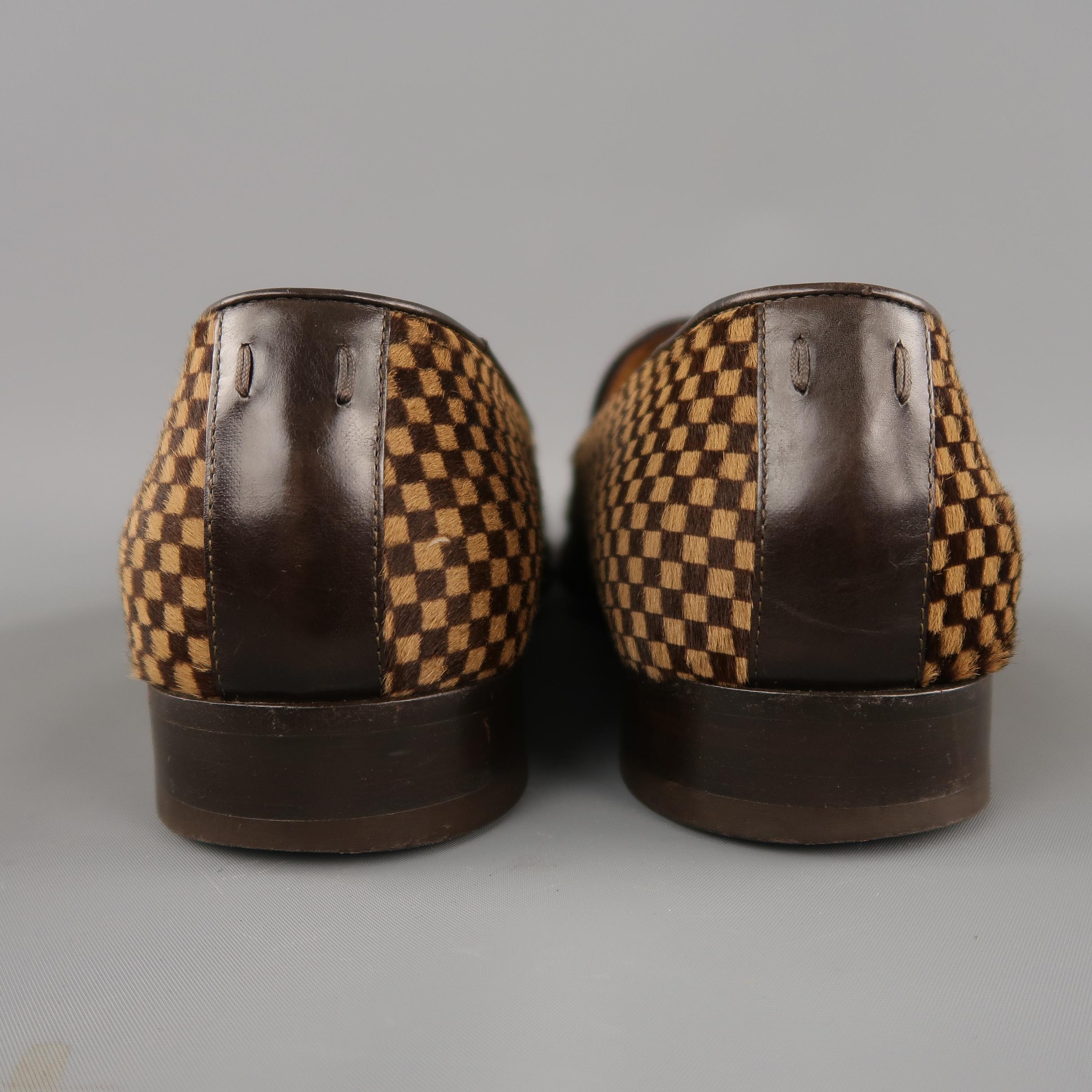LOUIS VUITTON Size 11.5 Brown & Tan Damier Checkered Pony Hair Loafers Shoes 1