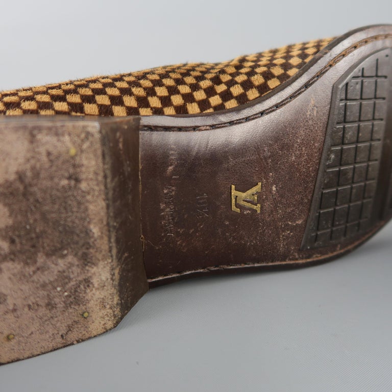 LOUIS VUITTON Size 11.5 Brown and Tan Damier Checkered Pony Hair Loafers Shoes at 1stdibs