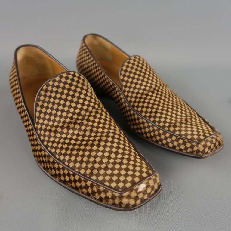 LOUIS VUITTON Size 11.5 Brown and Tan Damier Checkered Pony Hair Loafers Shoes at 1stdibs