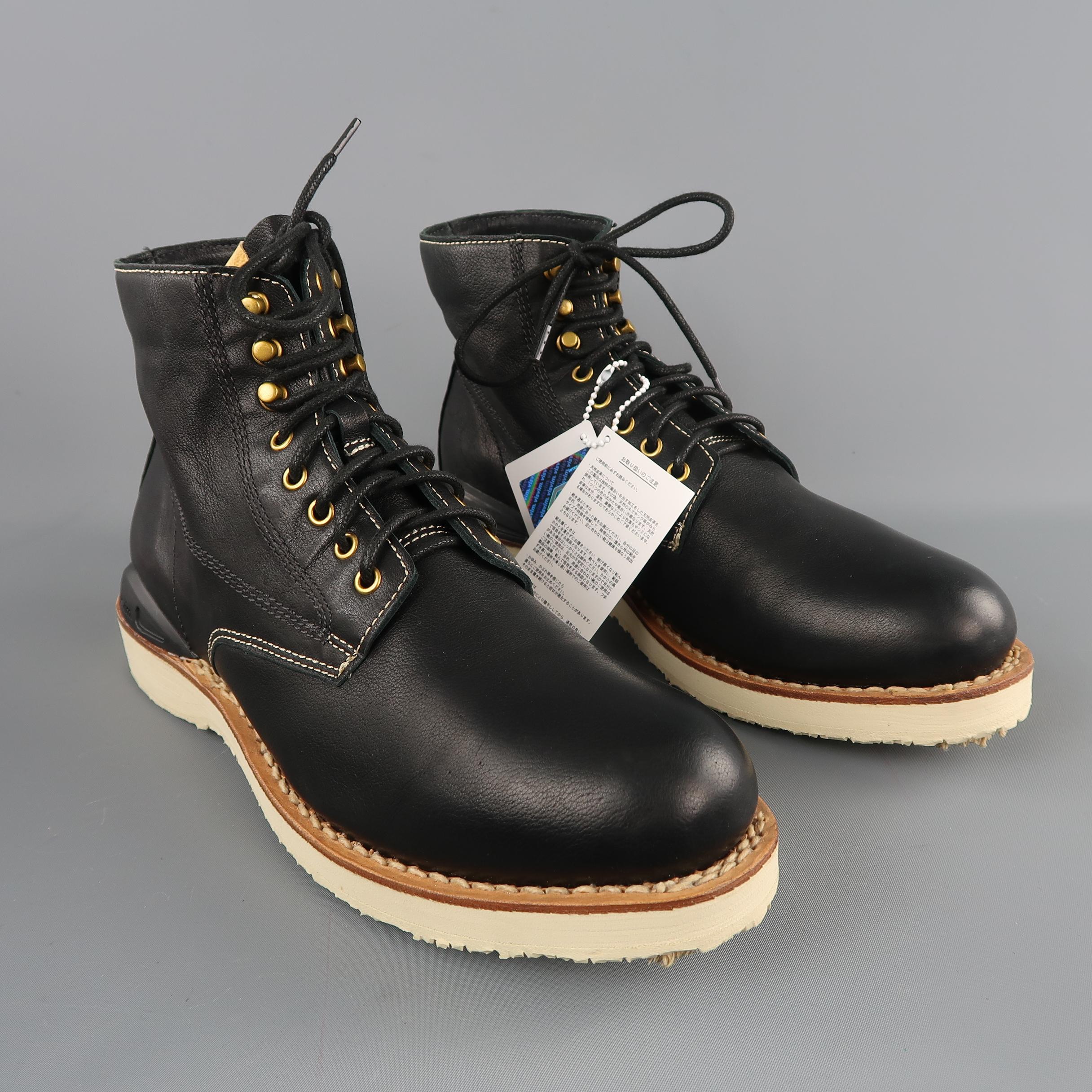 VISVIM kangaroo boots are in black solid leather, with contrast stitches, lace up.
 
New with box.
Marked: 11
 
Measurements:
Outsole: 12  x 3  in.
