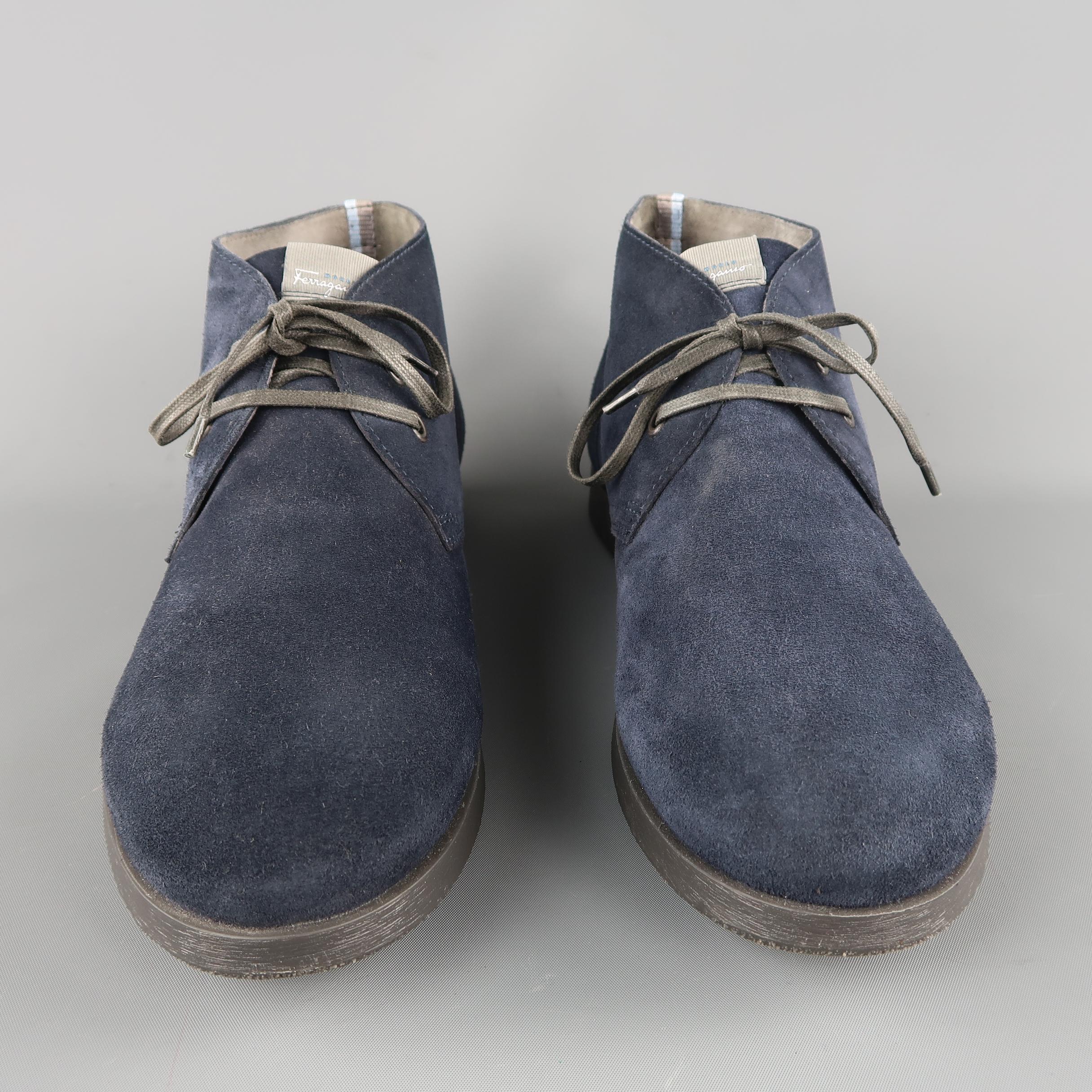 SALVATORE FERRAGAMO Size 11 Navy Solid Suede Ankle Chukka Boots In Excellent Condition In San Francisco, CA