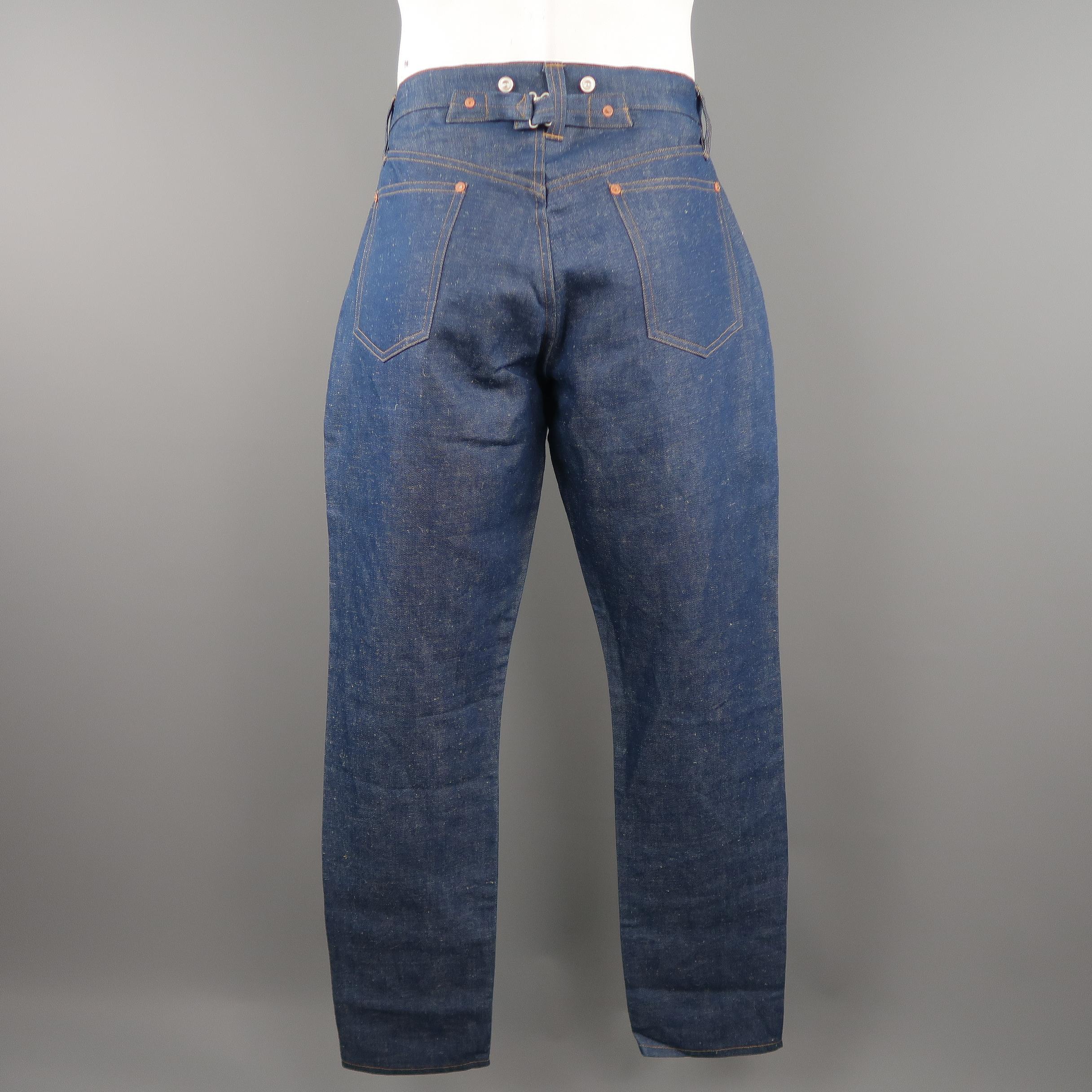 HAVERSACK jeans come in a textured cotton linen blend denim with a classic 5 pocket cut, button fly, and braces buttons. Made in Japan.
 
New with Tags.
Marked: M
 
Measurements:
 
Waist: 32 in.
Rise: 12.5 in.
Inseam:  31 in.
