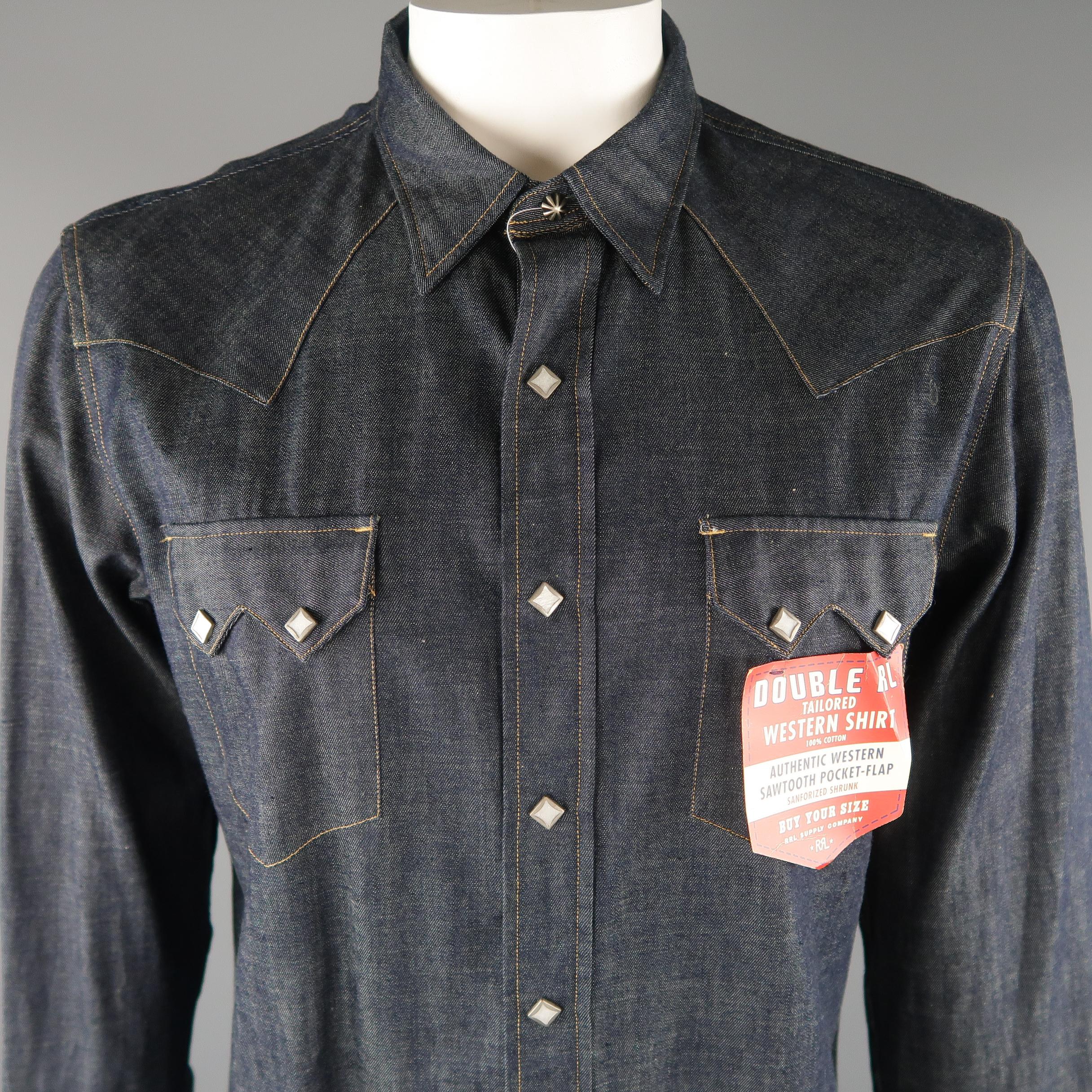 RRL by RALPH LAUREN long sleeve western shirt come in a indigo tone in cotton material, with a contrast stitch, front patch pockets, snaps, button up.
 
New with Tags.
Marked: L 17
 
Measurements:
 
Shoulder: 18  in.
Chest: 48  in.
Sleeve: 28.5 
