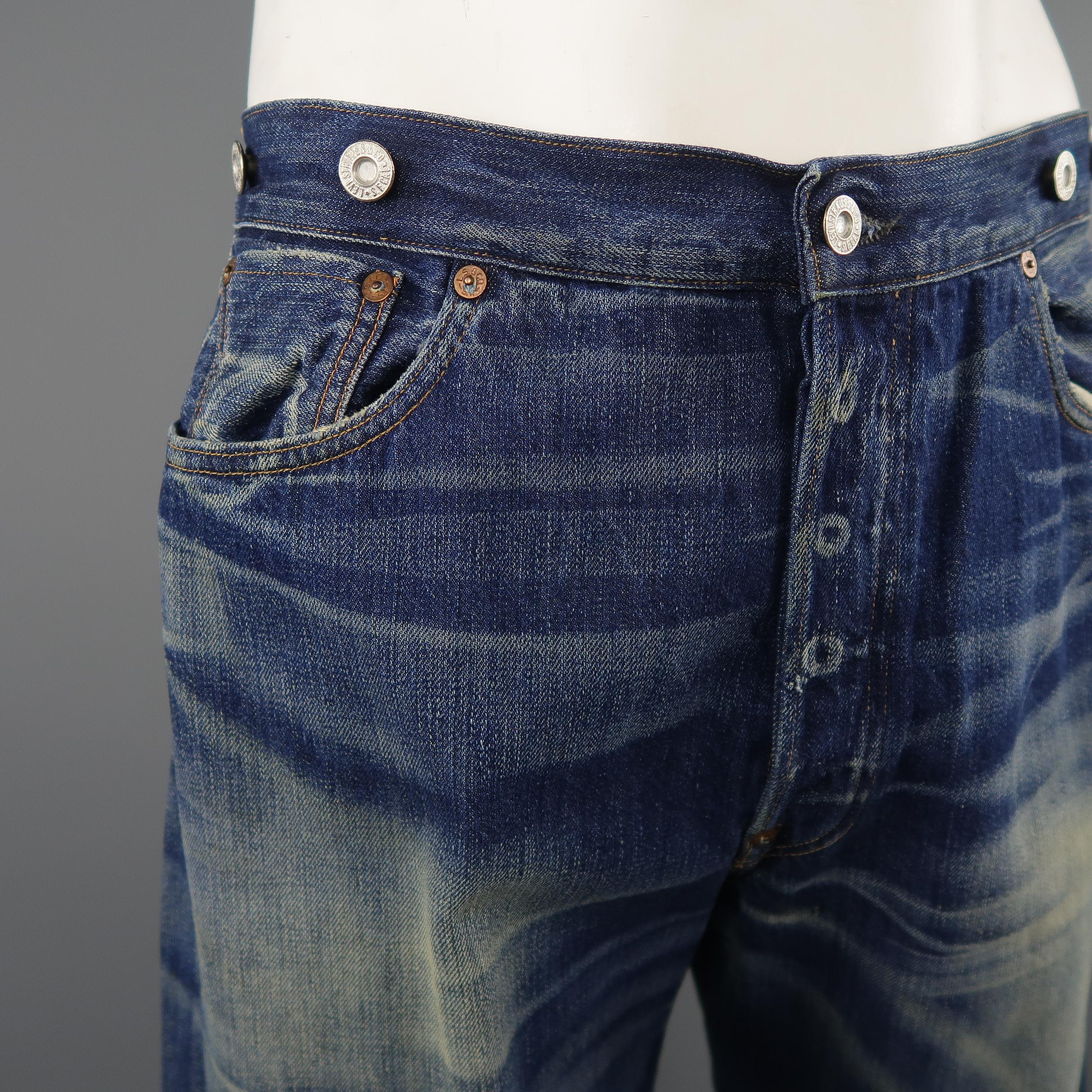 Black LEVI'S VINTAGE Size 35 Indigo Washed Distressed Selvedge Denim Jeans