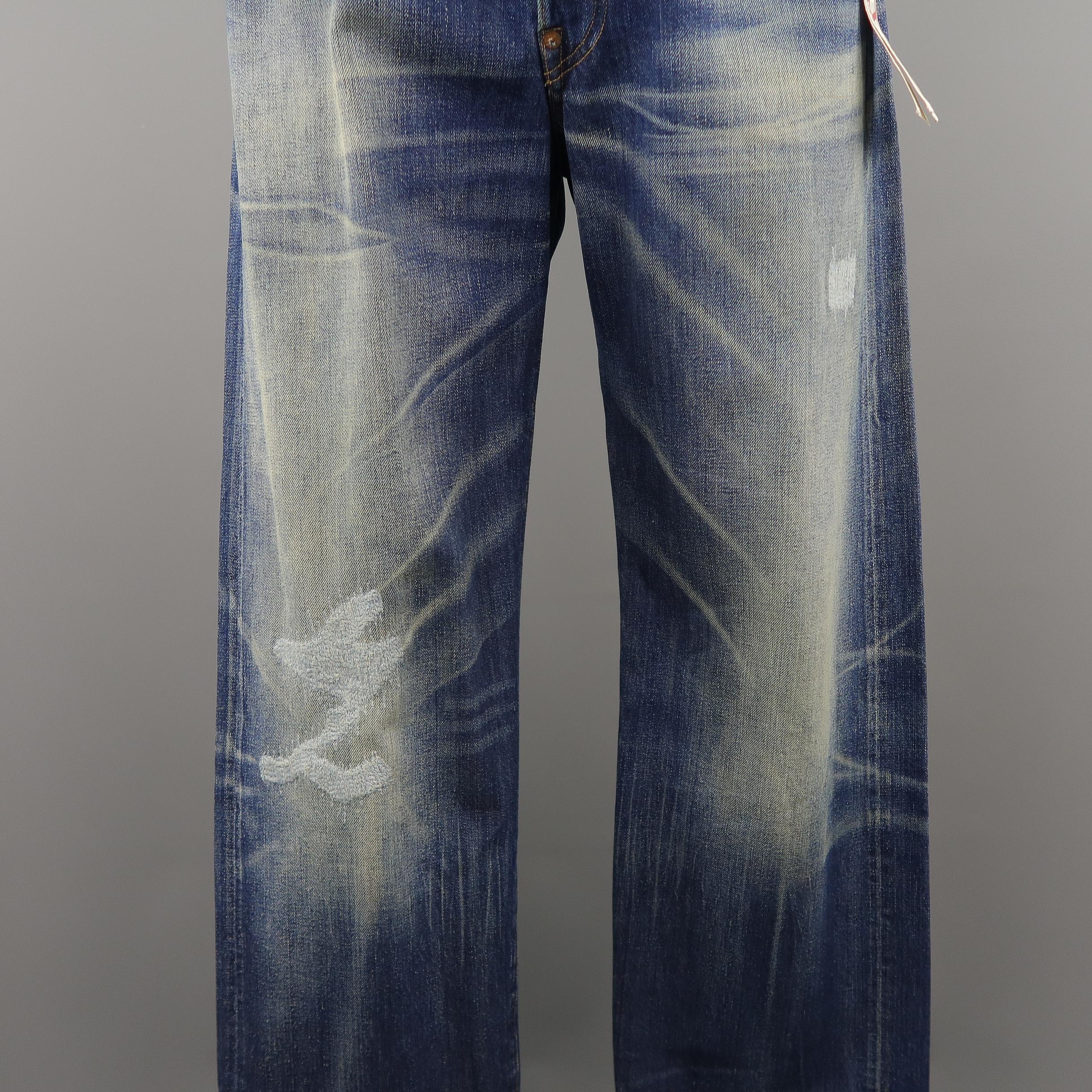 LEVI'S VINTAGE Size 35 Indigo Washed Distressed Selvedge Denim Jeans In New Condition In San Francisco, CA