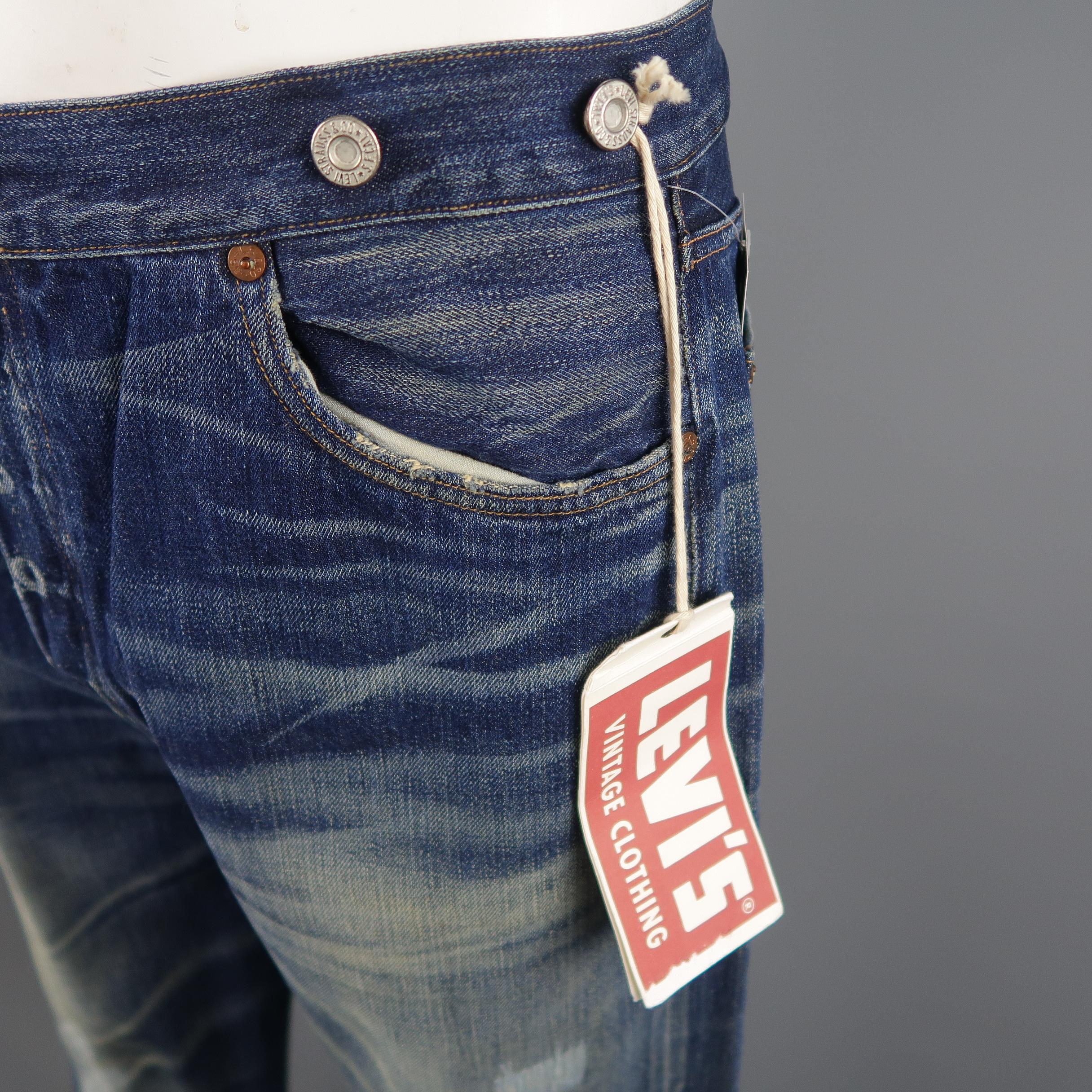 LEVI'S VINTAGE Size 35 Indigo Washed Distressed Selvedge Denim Jeans 3