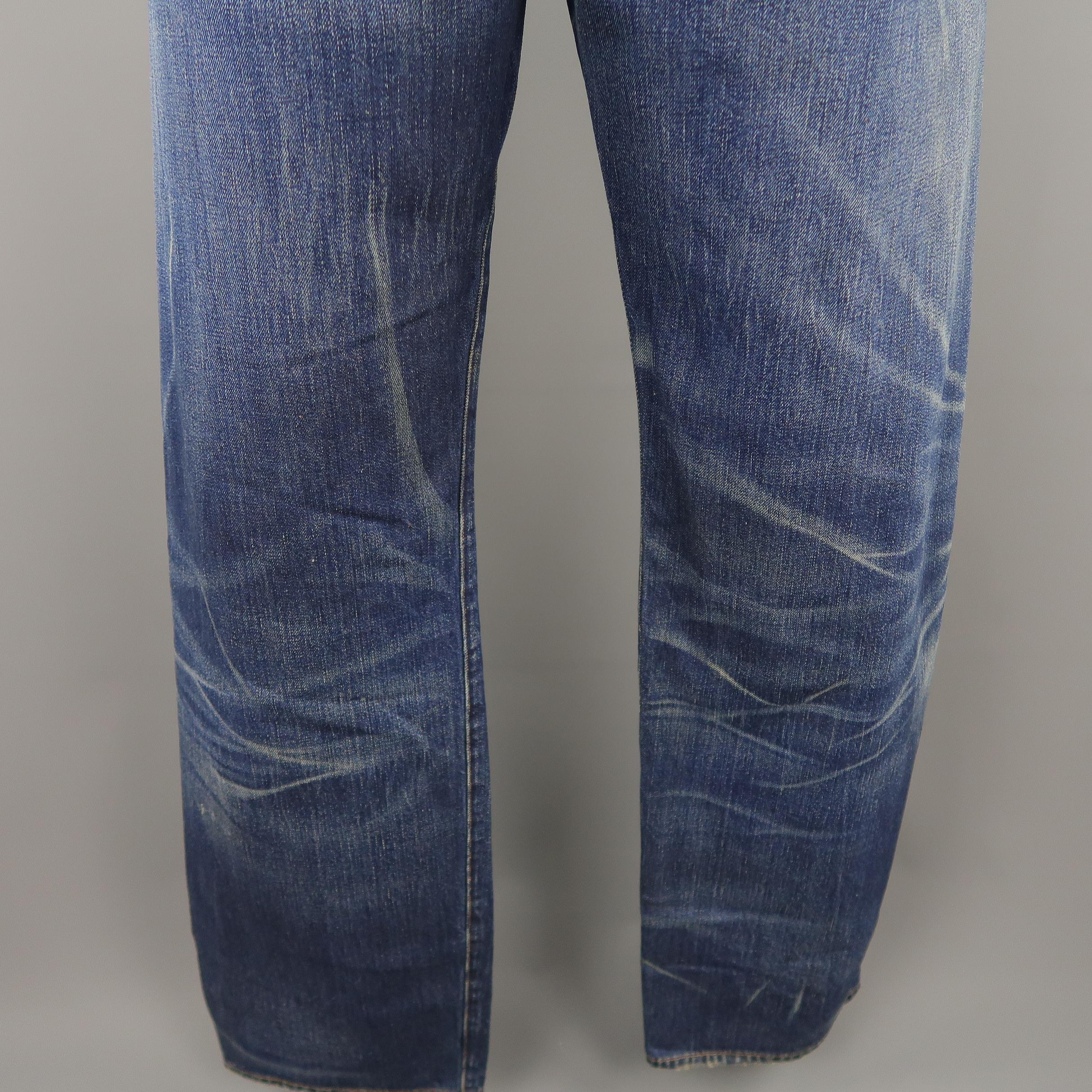 LEVI'S VINTAGE Size 35 Indigo Washed Distressed Selvedge Denim Jeans 7