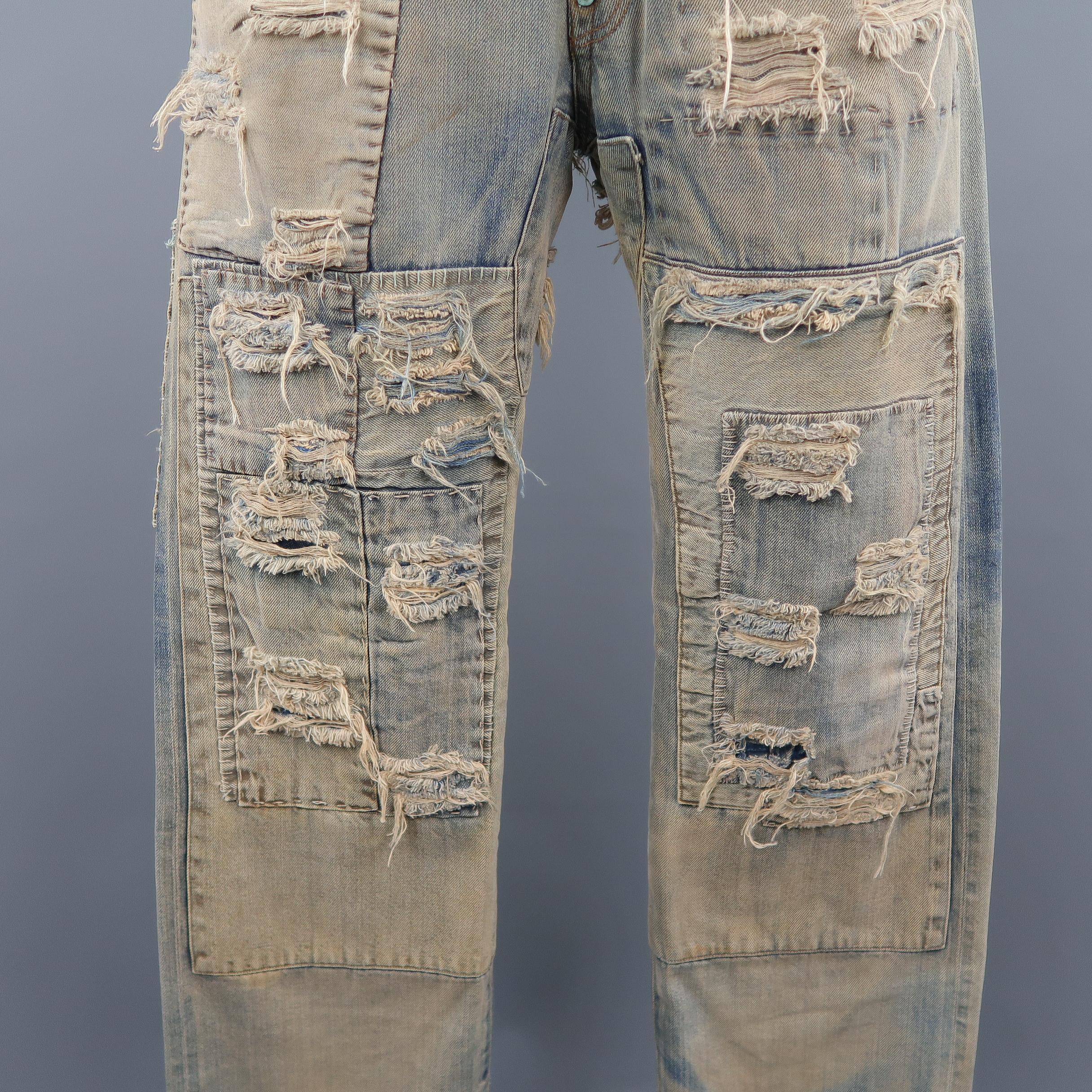 LEVI'S VINTAGE 34 Light Dirty Wash Distressed Selvedge Denim Patchwork Jeans (Grau)