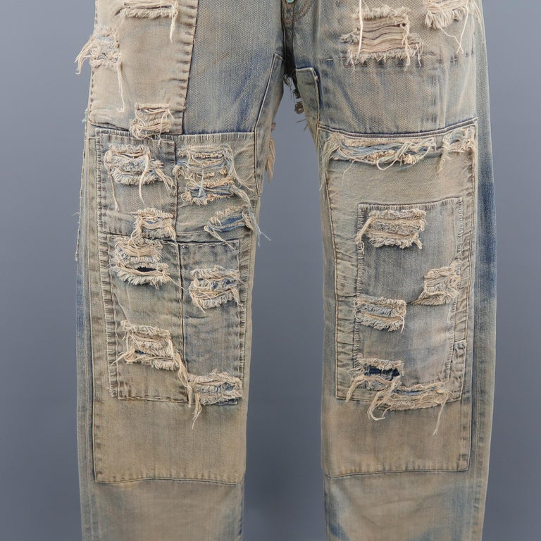 LEVI'S VINTAGE 34 Light Dirty Wash Distressed Selvedge Denim Patchwork ...