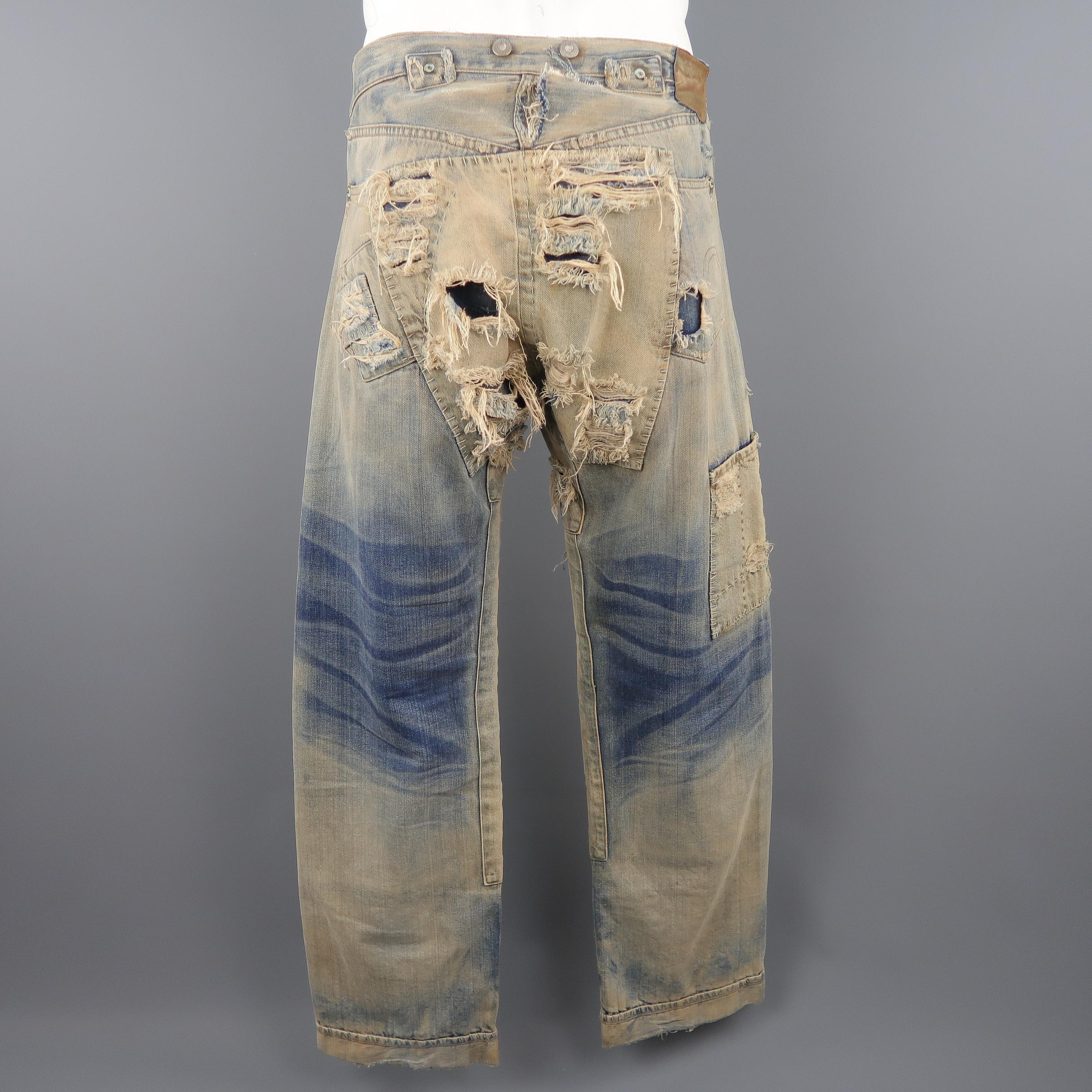 Gray LEVI'S VINTAGE 34 Light Dirty Wash Distressed Selvedge Denim Patchwork Jeans