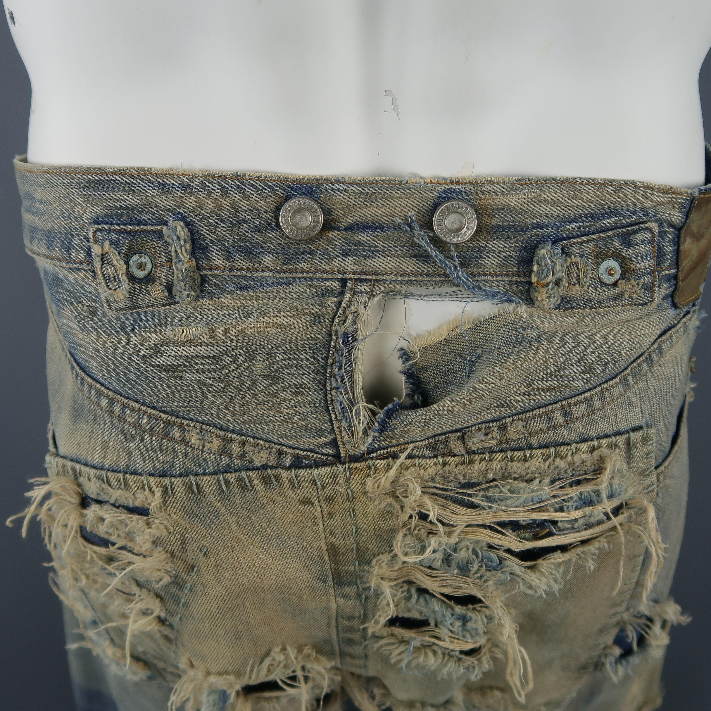 LEVI'S VINTAGE 34 Light Dirty Wash Distressed Selvedge Denim Patchwork Jeans 4