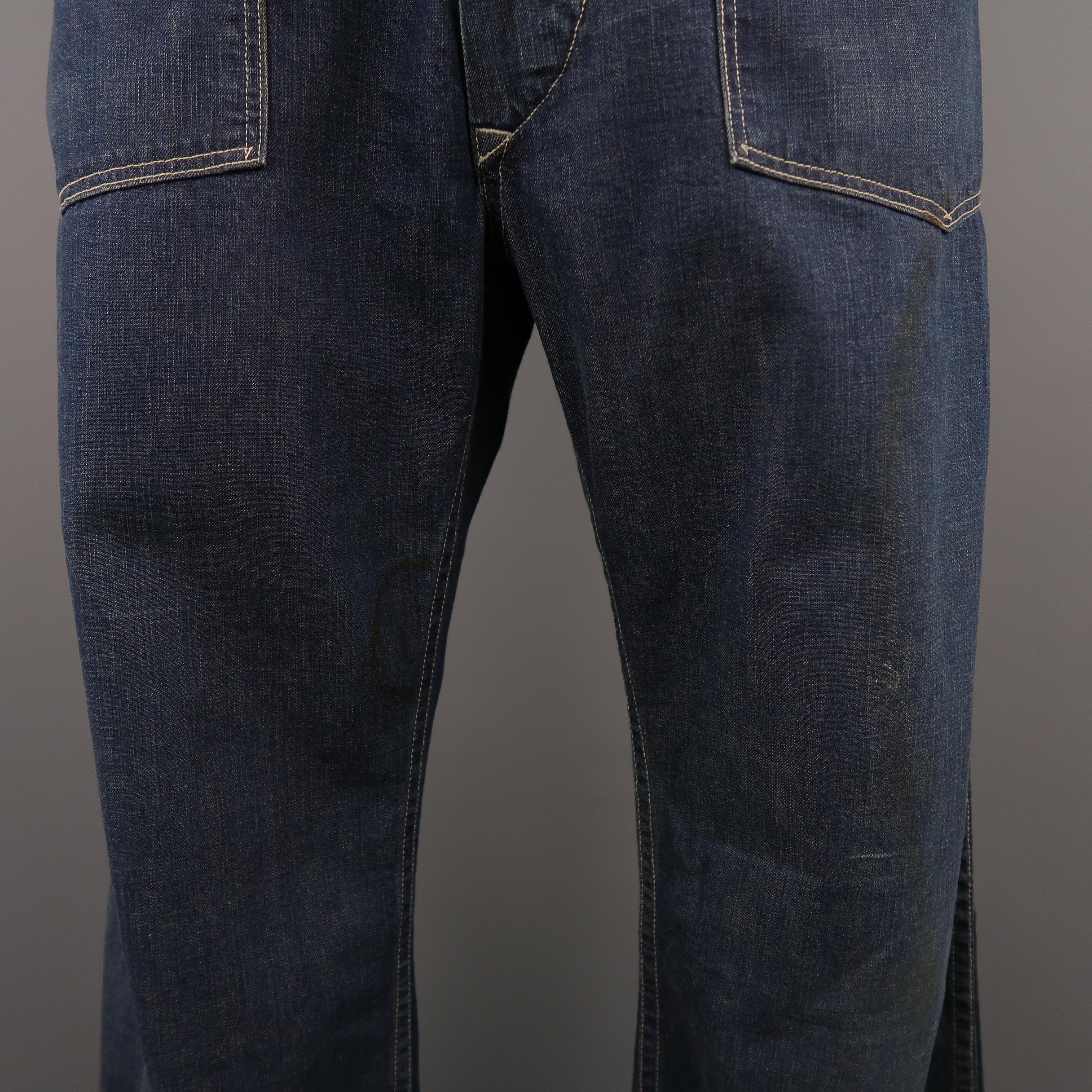 Black RRL by RALPH LAUREN Size 33 Navy Dirty Washed Denim Contrast Stitch Work Jeans