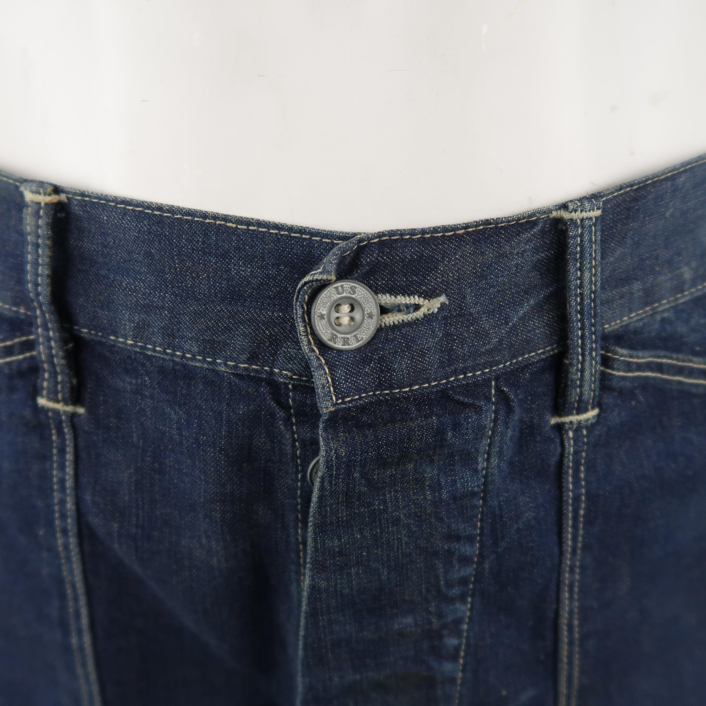 Men's RRL by RALPH LAUREN Size 33 Navy Dirty Washed Denim Contrast Stitch Work Jeans