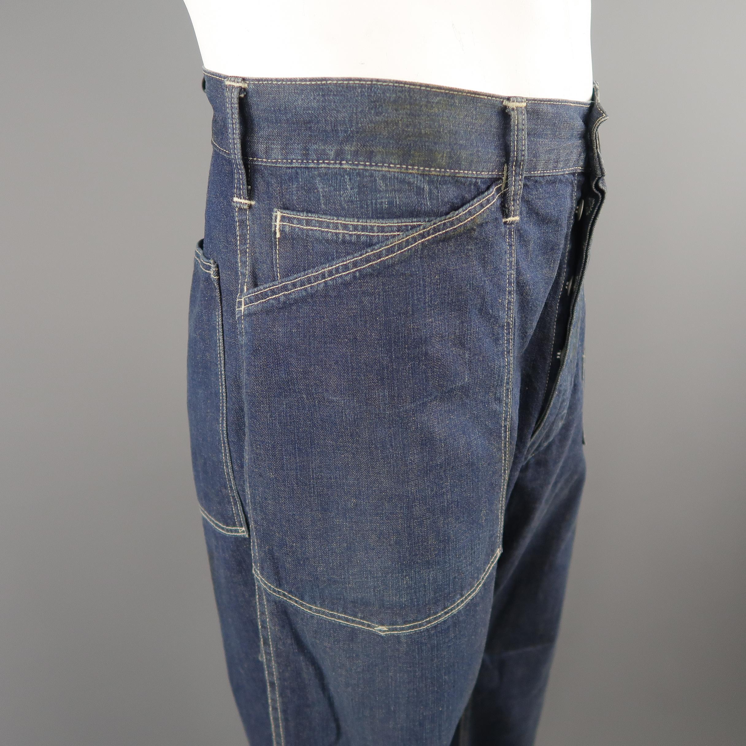 RRL by RALPH LAUREN Size 33 Navy Dirty Washed Denim Contrast Stitch Work Jeans 1