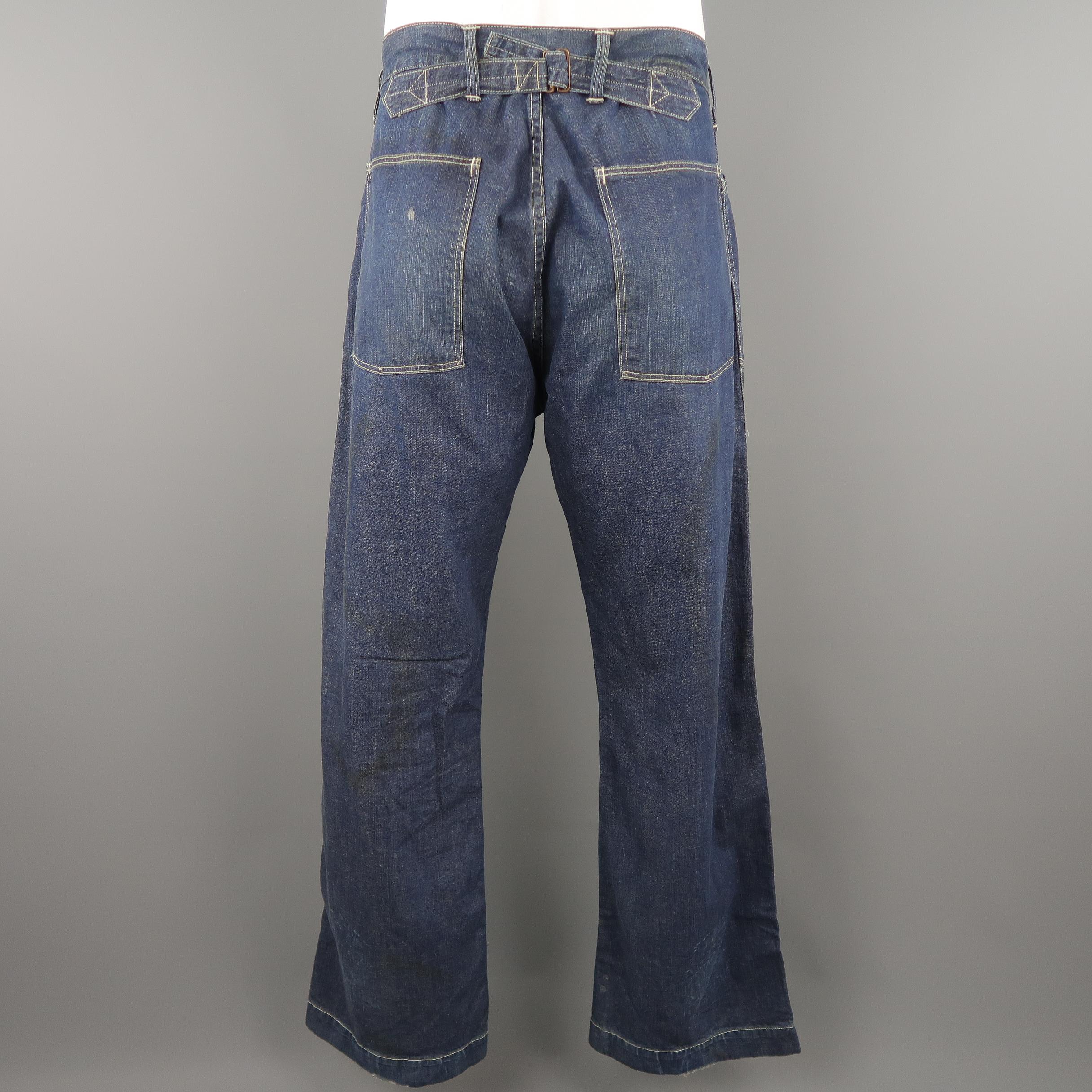 RRL by RALPH LAUREN Size 33 Navy Dirty Washed Denim Contrast Stitch Work Jeans 2