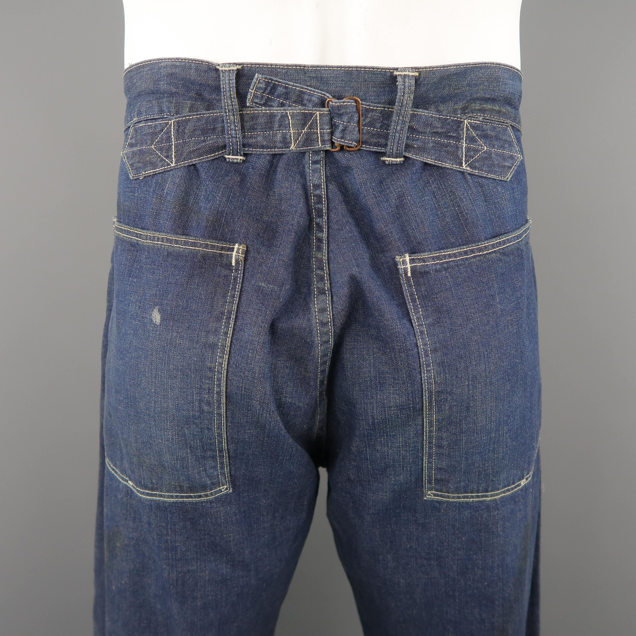 RRL by RALPH LAUREN Size 33 Navy Dirty Washed Denim Contrast Stitch Work Jeans 4
