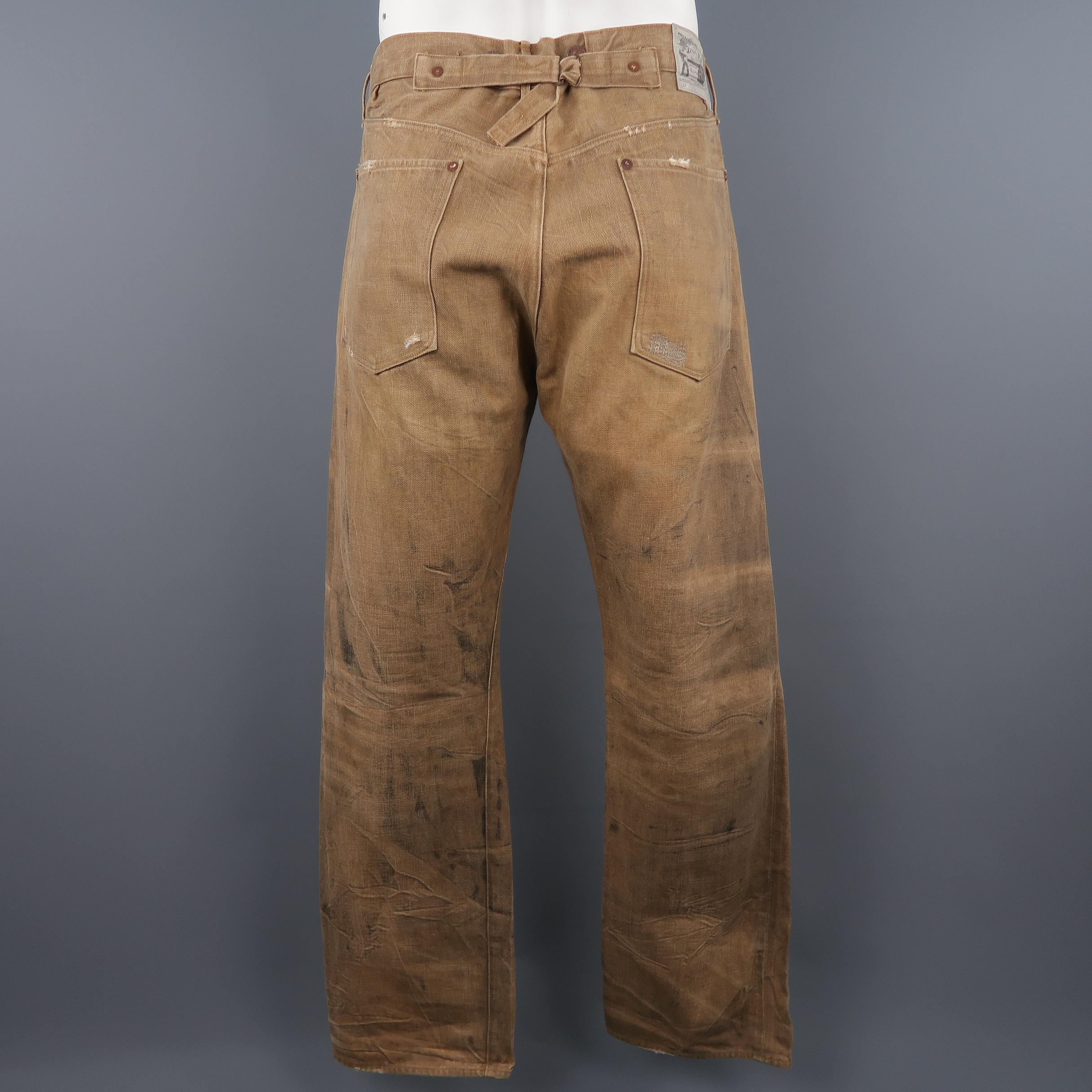 Brown RRL by RALPH LAUREN Size 33 Tan Distressed Dirty Wash Selvedge Denim Jeans