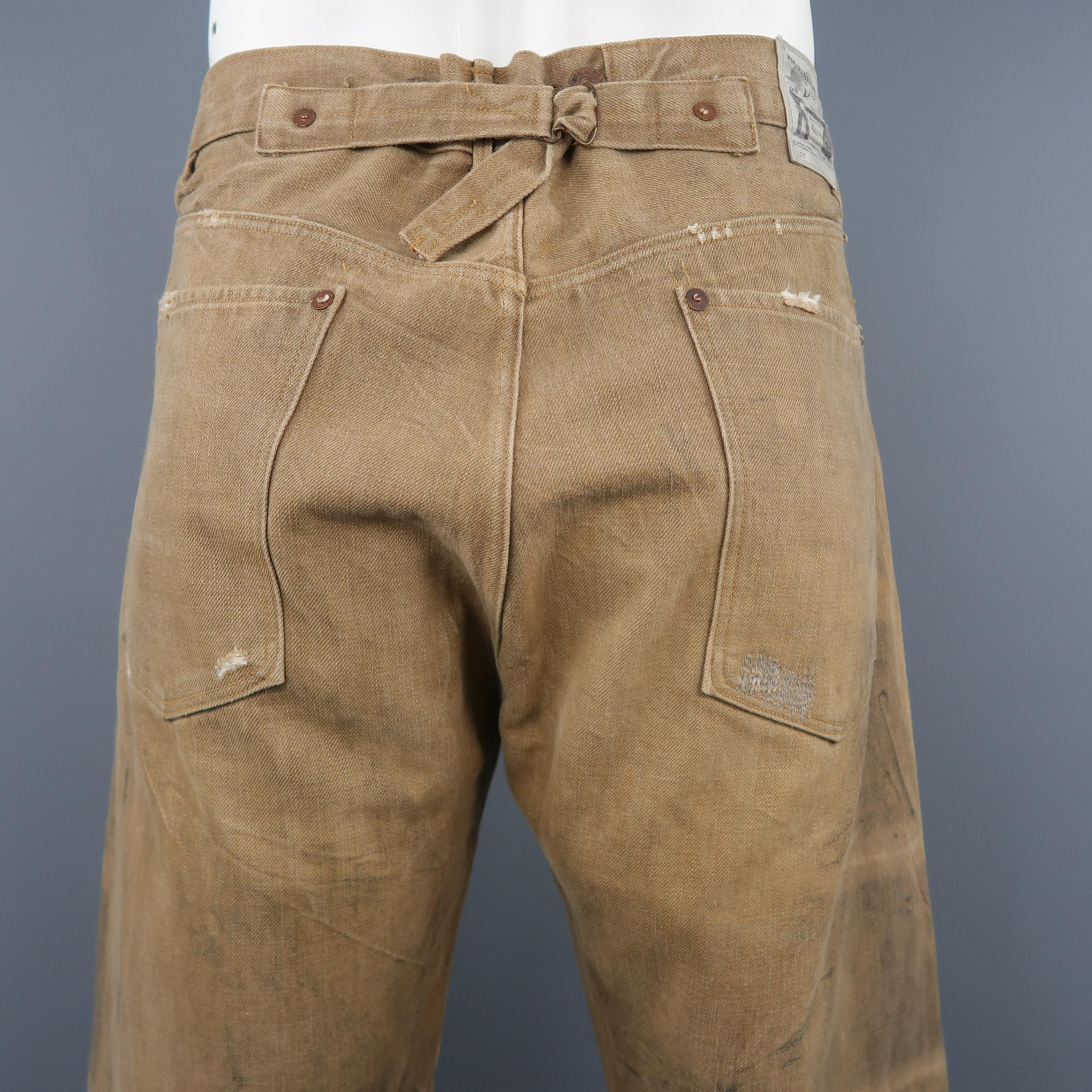 RRL by RALPH LAUREN Size 33 Tan Distressed Dirty Wash Selvedge Denim Jeans In Excellent Condition In San Francisco, CA
