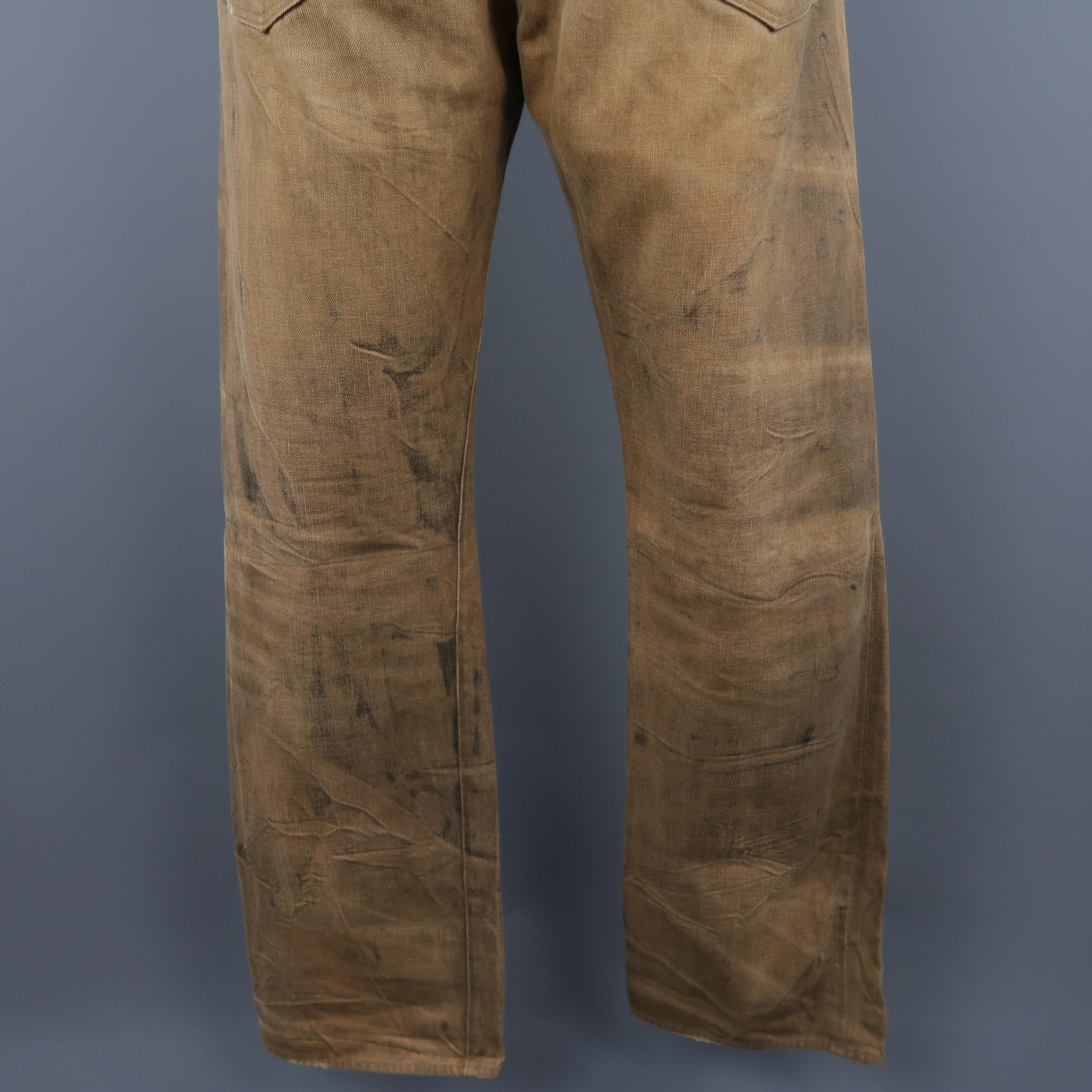 Men's RRL by RALPH LAUREN Size 33 Tan Distressed Dirty Wash Selvedge Denim Jeans