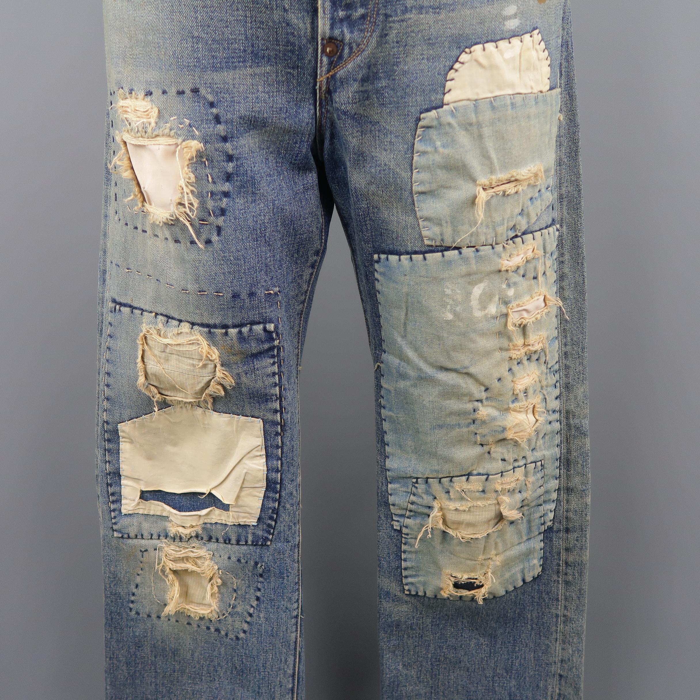 DENIM JEANS RRL by RALPH LAUREN Größe 32 Indigo Distressed Selvedge Denim Jeans (Grau)
