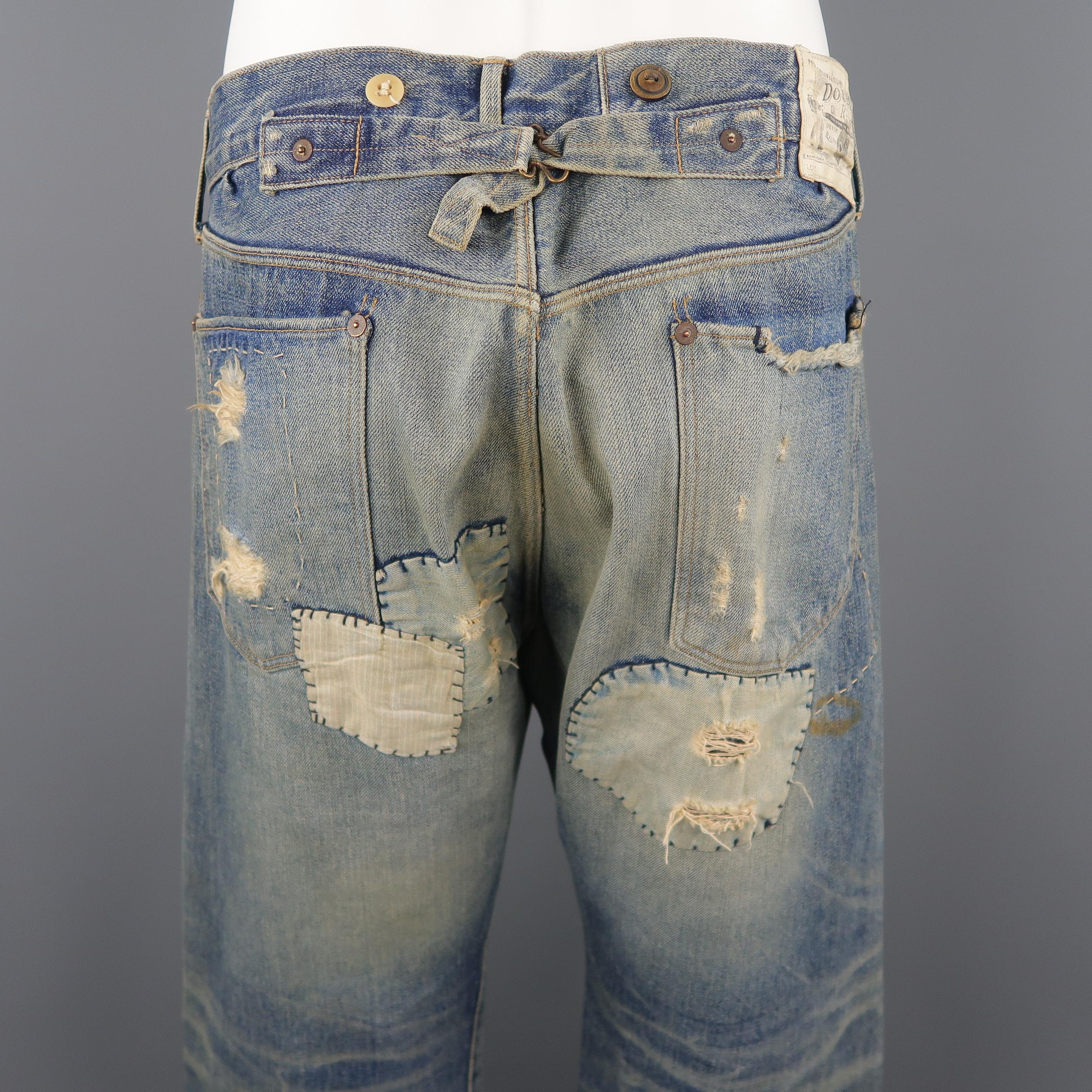 DENIM JEANS RRL by RALPH LAUREN Größe 32 Indigo Distressed Selvedge Denim Jeans für Damen oder Herren