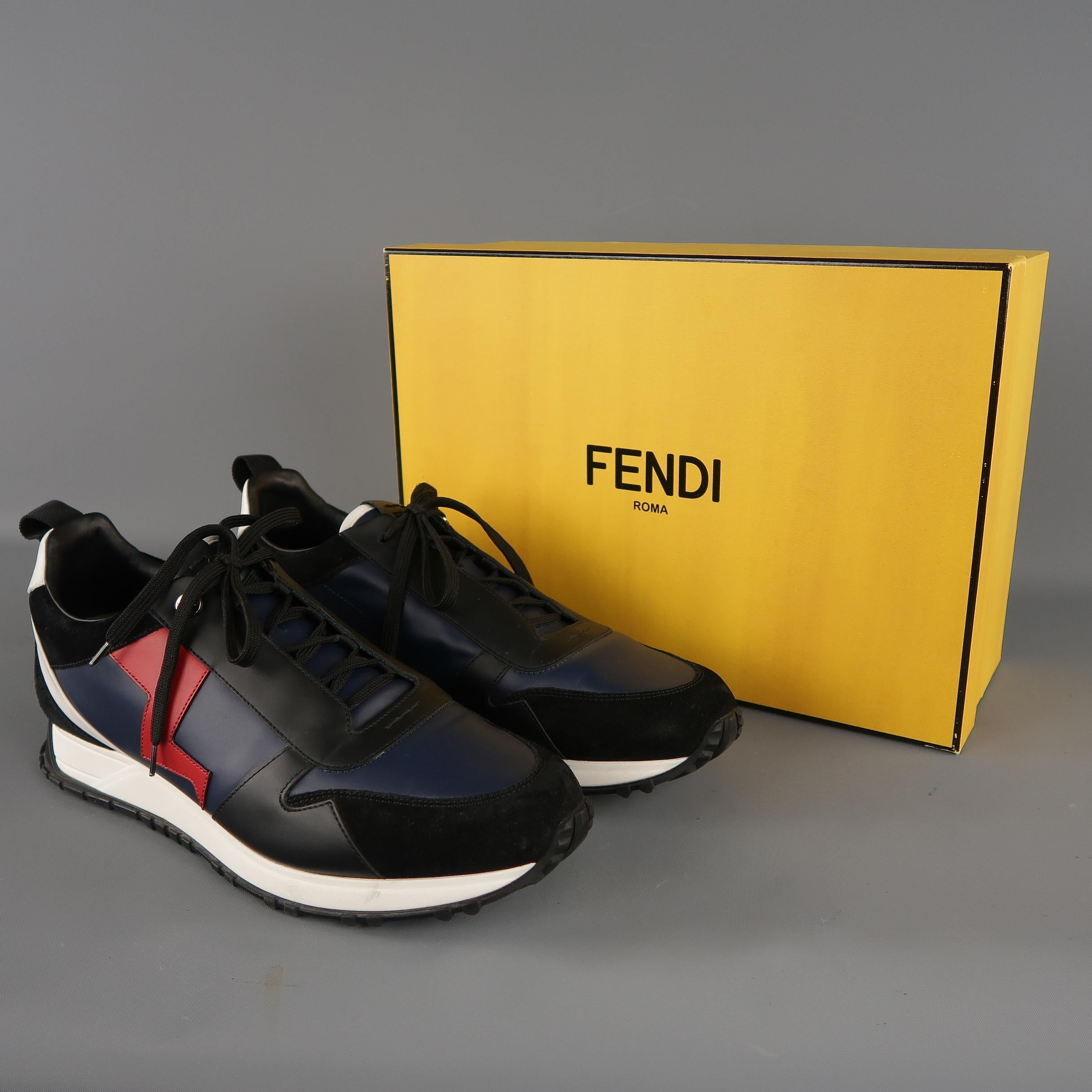 FENDI Size 10 Black & Navy Color Block Leather Sneakers 4