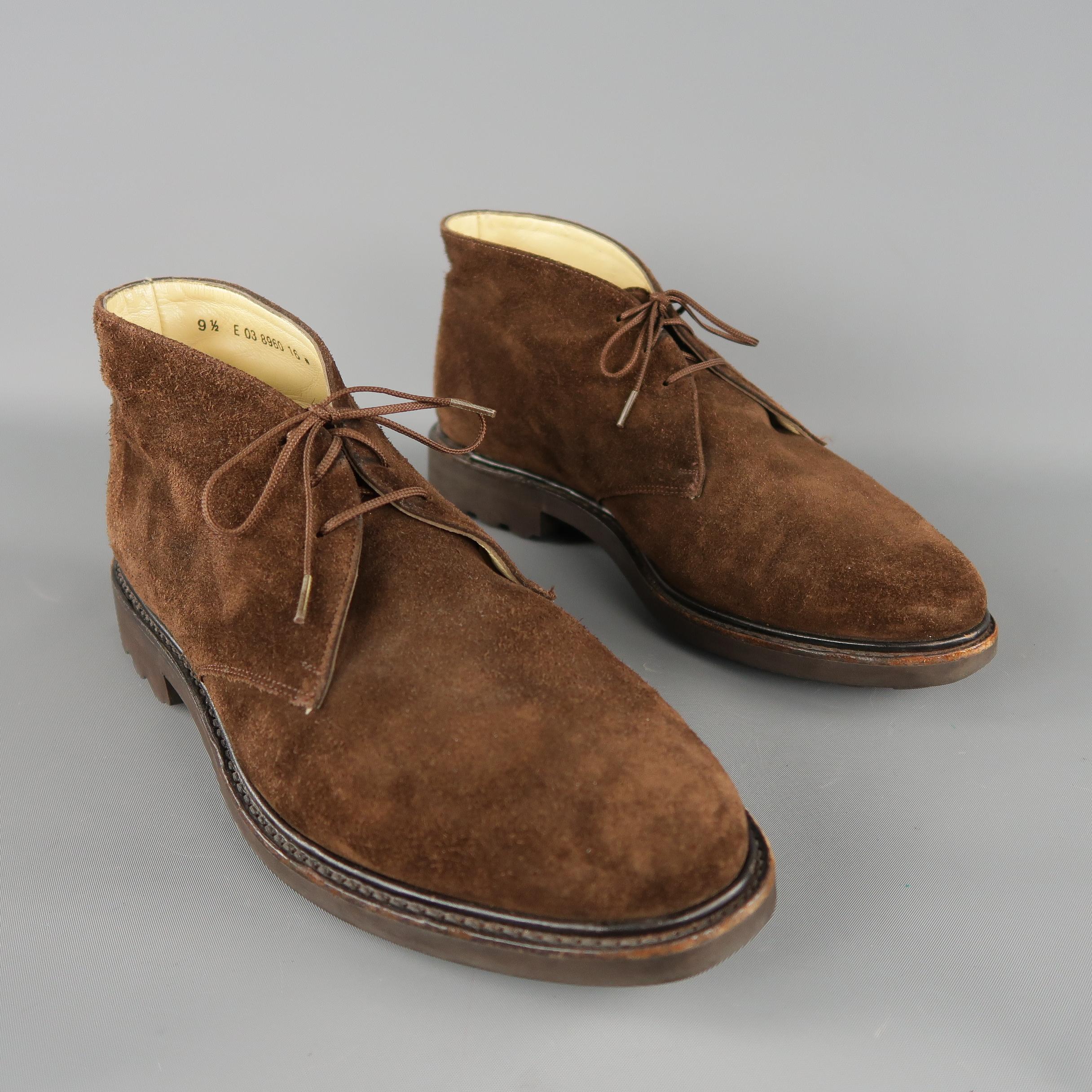 JOSEPH FENESTRIER chukka boots are in brown solid suede, lace up and with track sole. Made in France.
 
Excellent  Pre-Owned Condition.
Marked: 9.5
 
Outsole: 12 x 3  in.