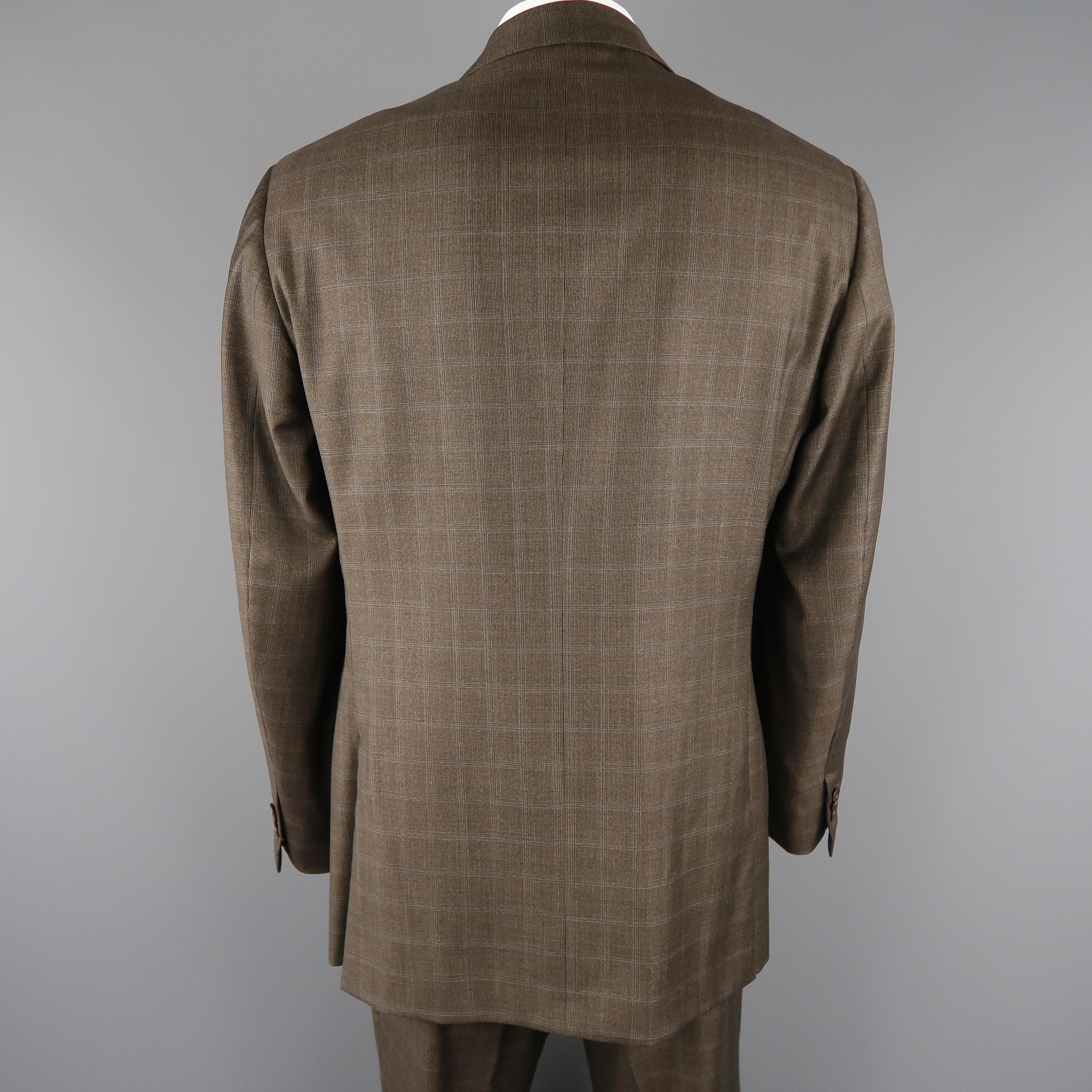 ISAIA 48 Long Brown Window Pane Wool Single Breasted 2 Button Suit In Excellent Condition In San Francisco, CA